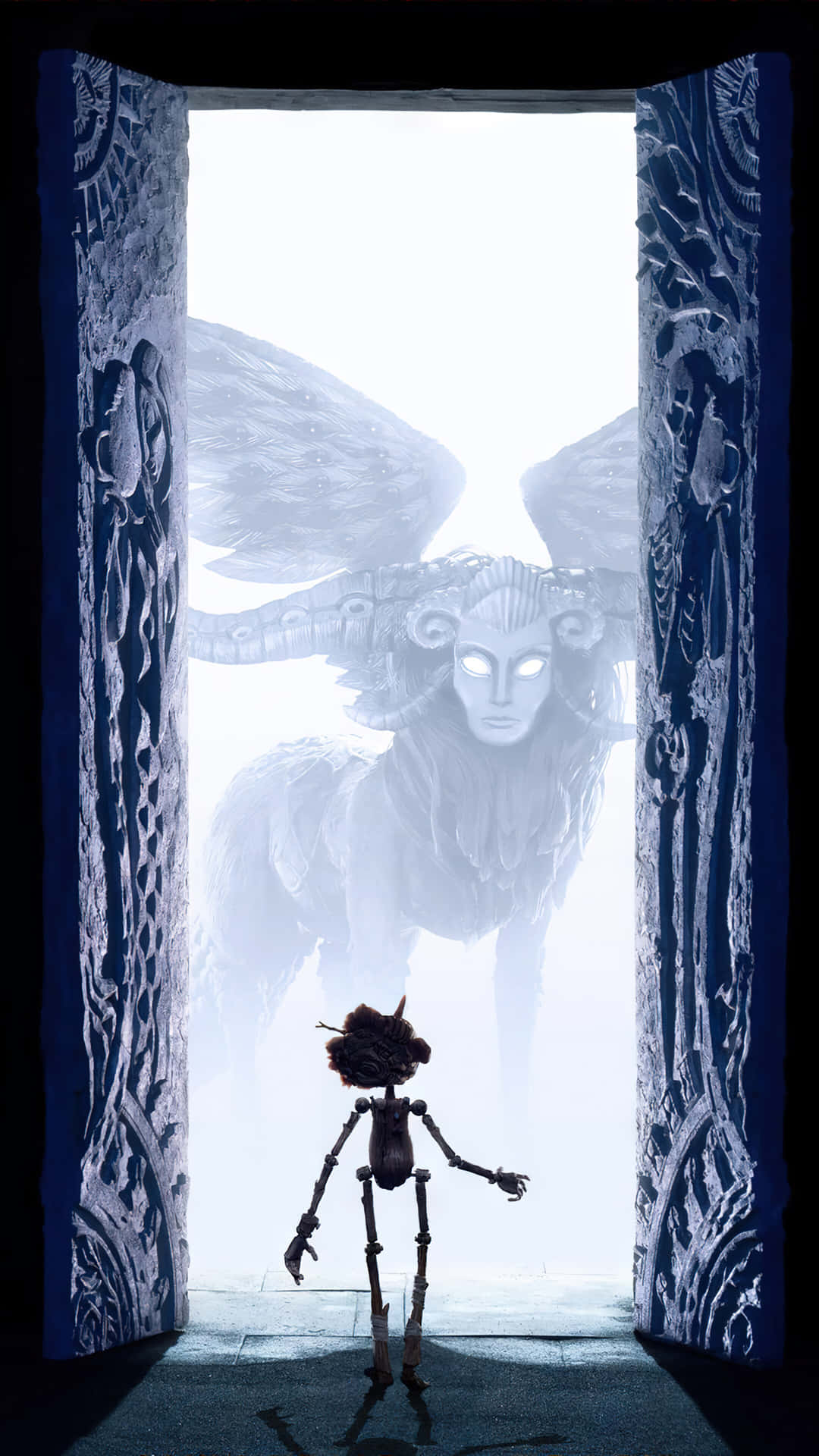Caption: Guillermo Del Toro's Pinocchio movie poster featuring characters and magical settings Wallpaper