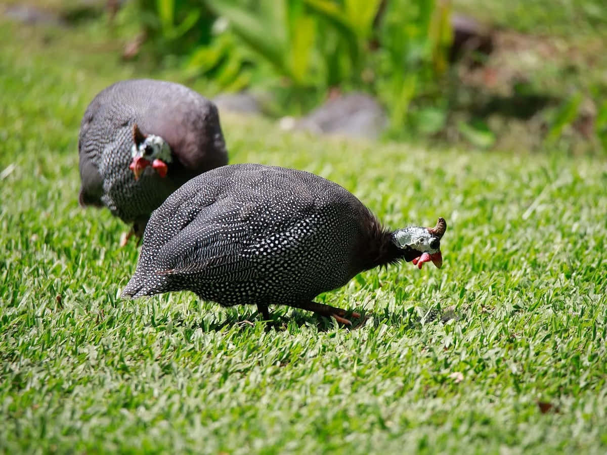 Guinea Fowls Grazingon Grass Wallpaper