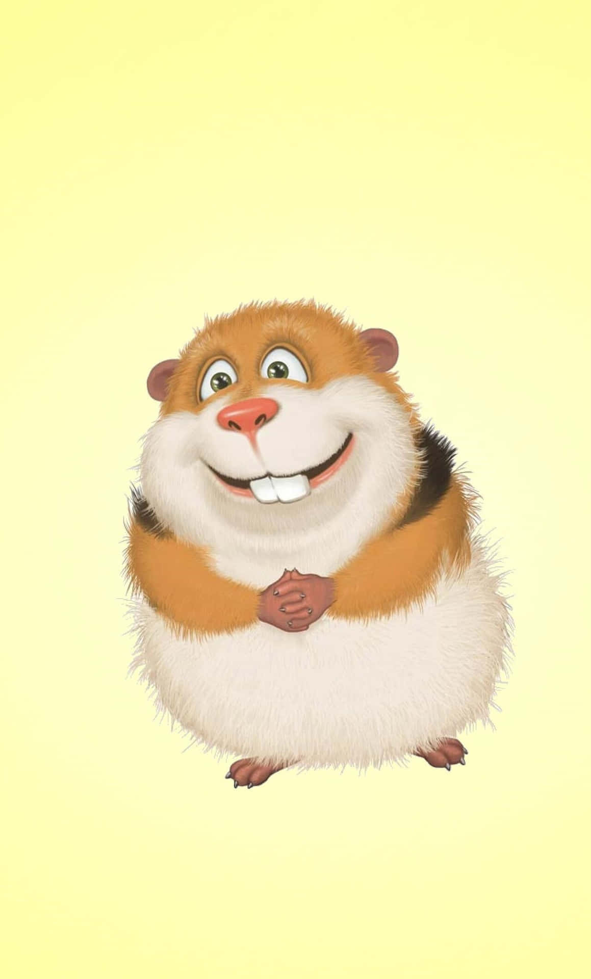 En tegnefilm hamster smiler og holder sine hænder op