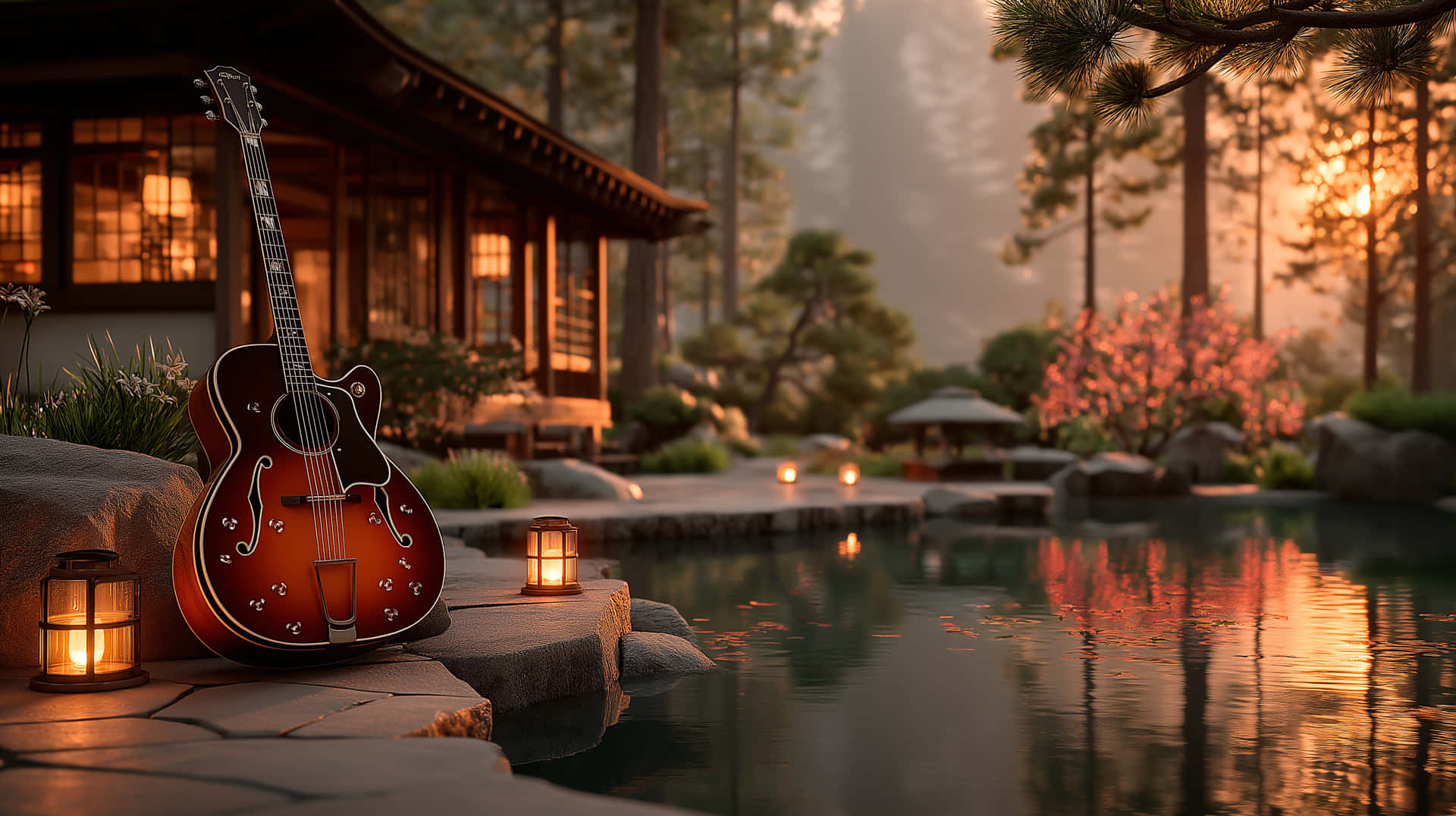 Guitar And Lanterns In Peaceful Zen Garden At Sunset Wallpaper
