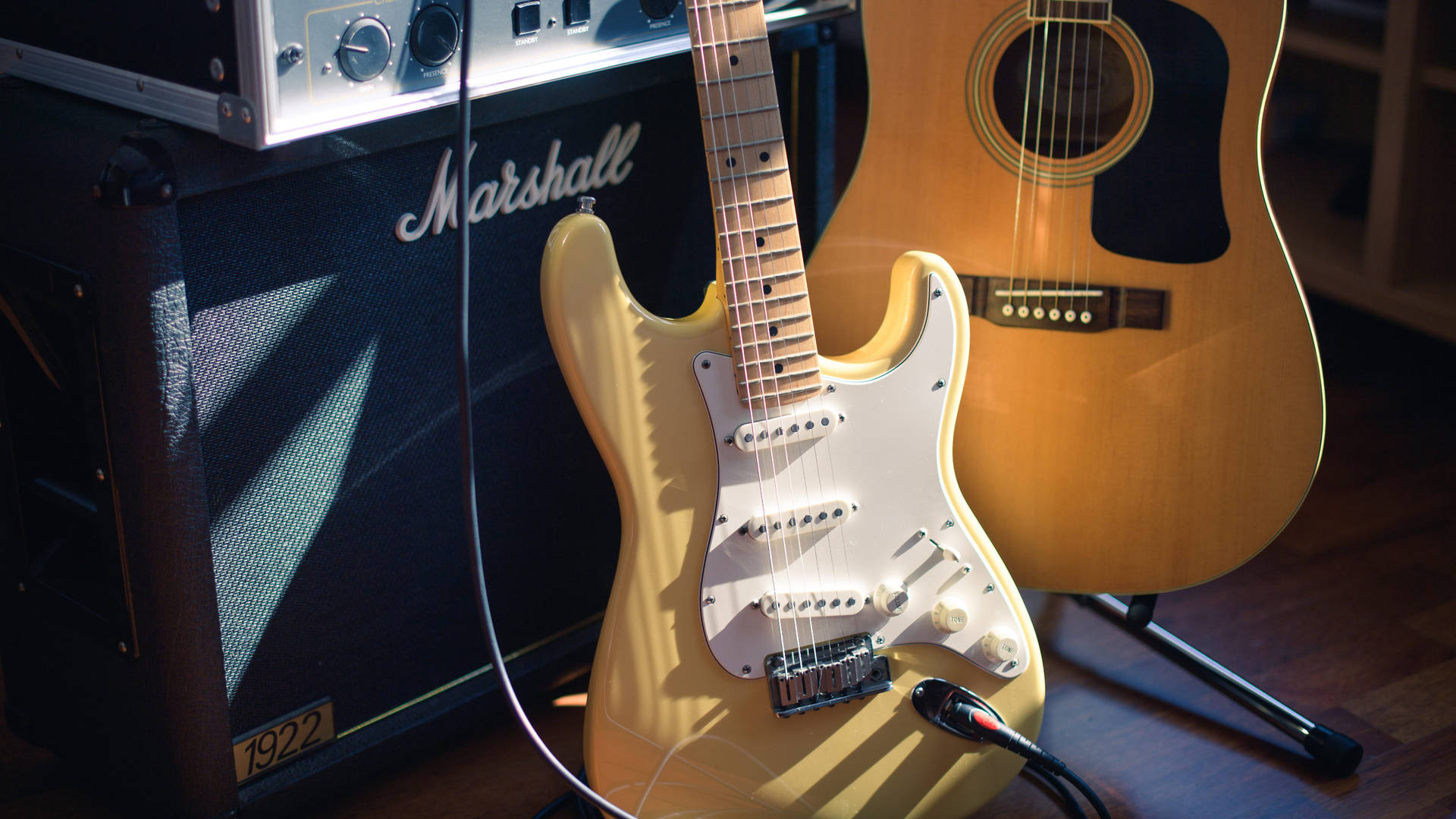 Guitars With Marshall Guitar Amplifier Background
