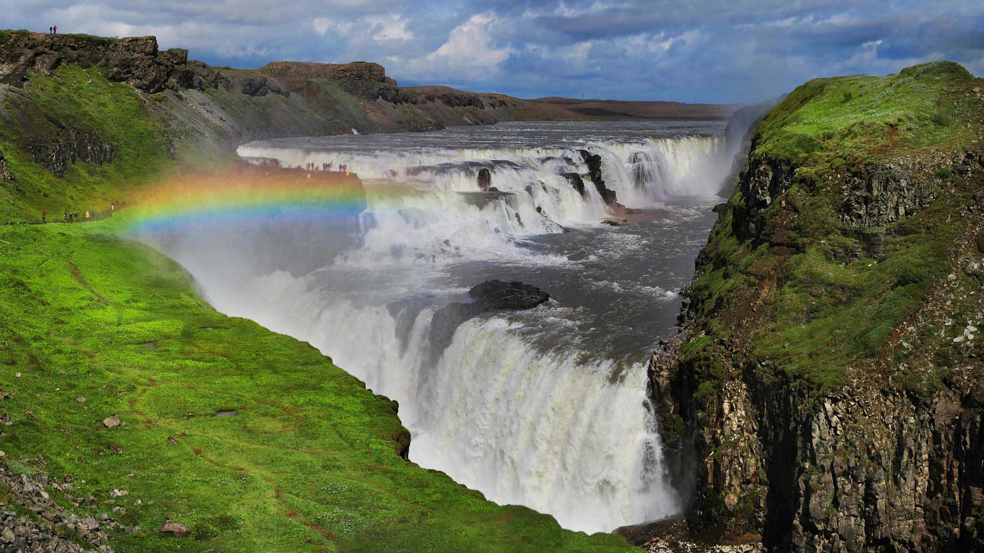 Gullfoss Waterfall Peak With Rainbow In Southwest Iceland Wallpaper