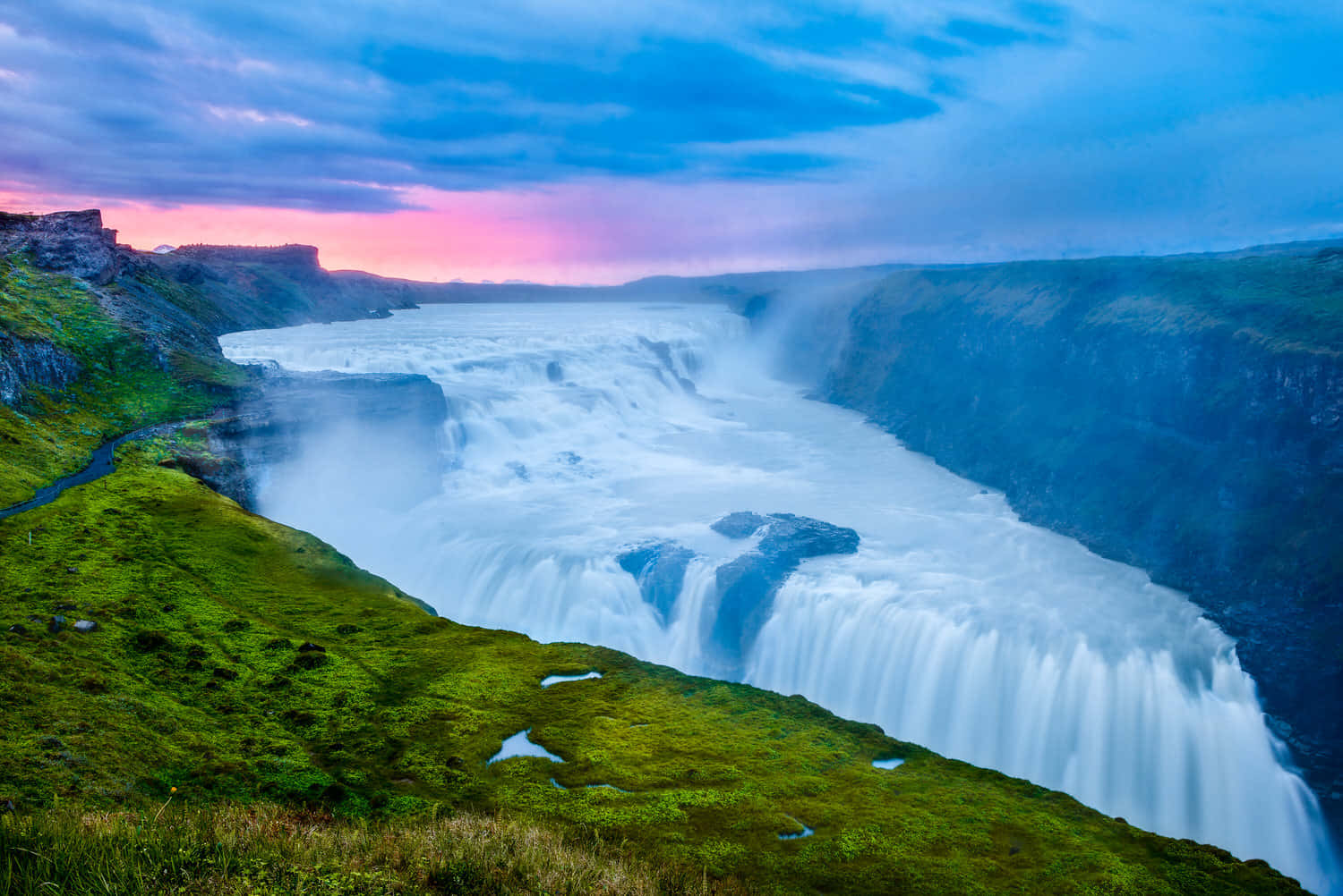 Gullfoss Waterfall With Pink Skies In Southwest Iceland Wallpaper