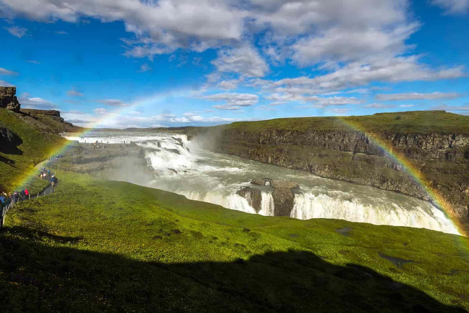 Majestic Gullfoss Waterfall with a colorful rainbow arch in scenic Southwest Iceland. Wallpaper
