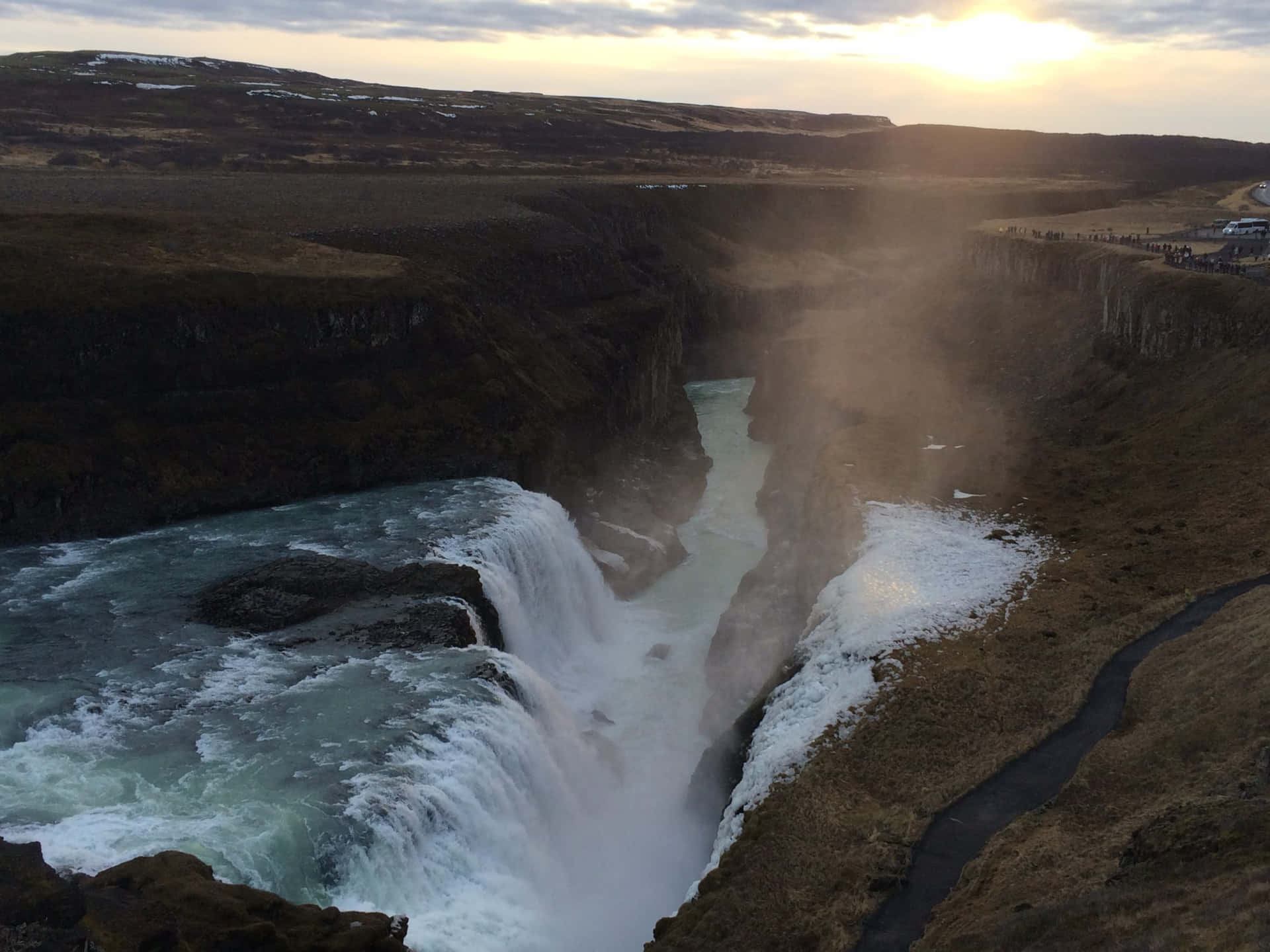 Gullfoss Waterfall With Sunbeam In Southwest Iceland Wallpaper