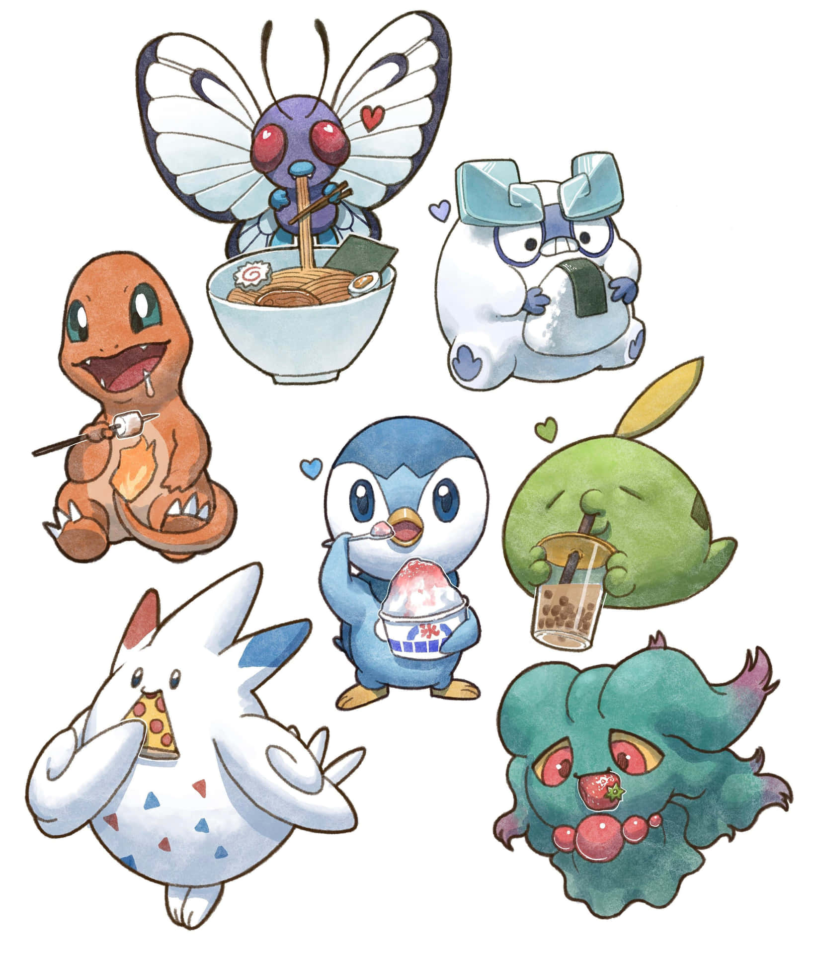Gulpin With Other Pokemons Eating Desserts Wallpaper