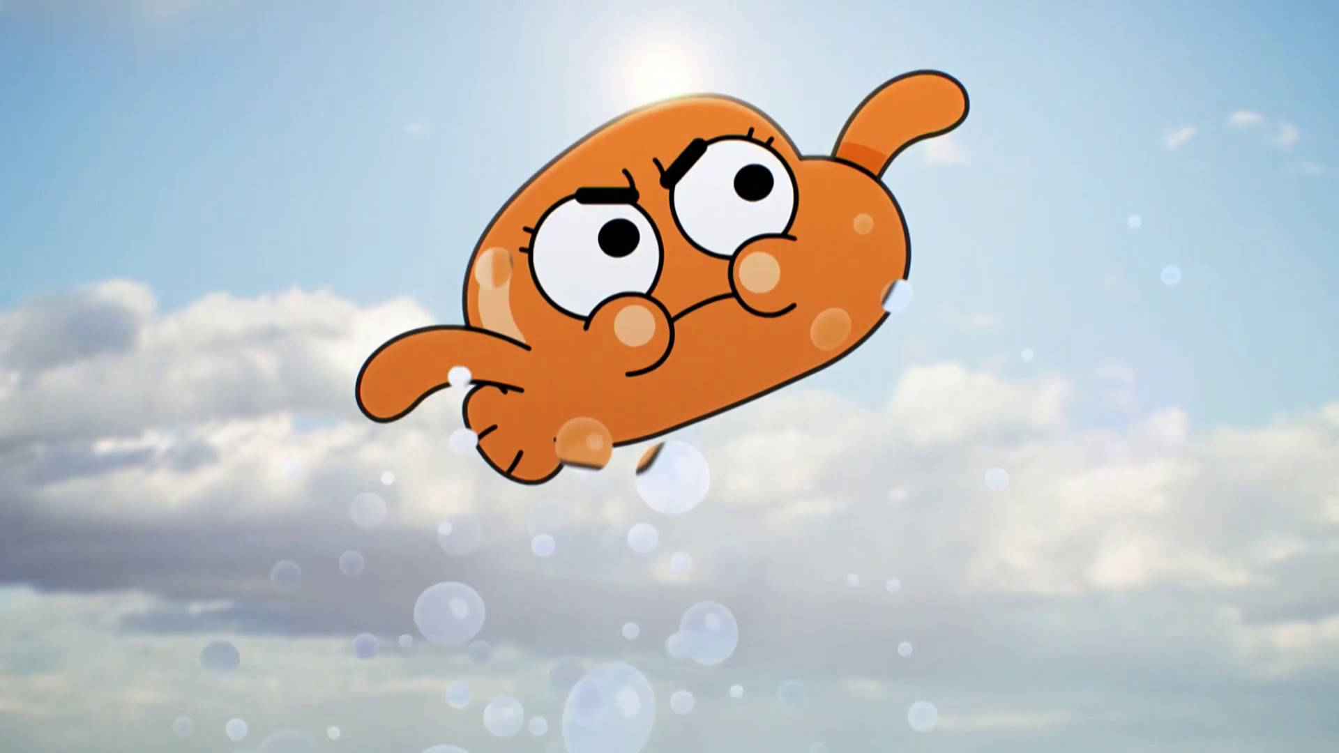 En tegneserie orange fisk der flyver i himlen Wallpaper