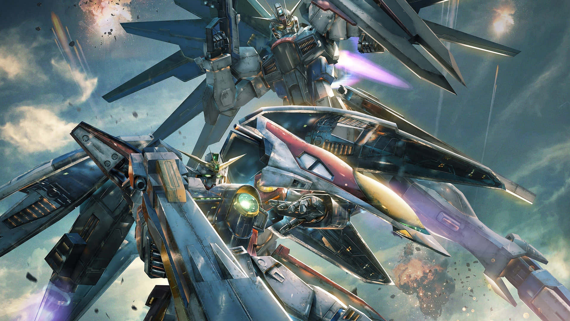 "The Gundam, a massive robotic weapon of war, stands strong, brave and ready against its enemy."
