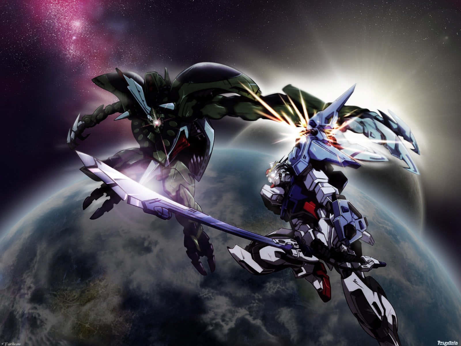 Gundamskrivbordsbakgrund Med Rymdfight. Wallpaper