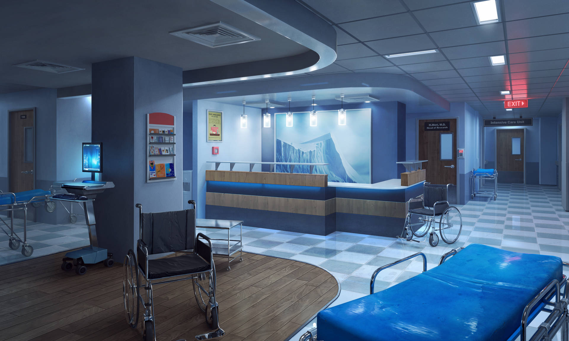 Kørestole og gyngeporte i en tom hospital lobby Wallpaper
