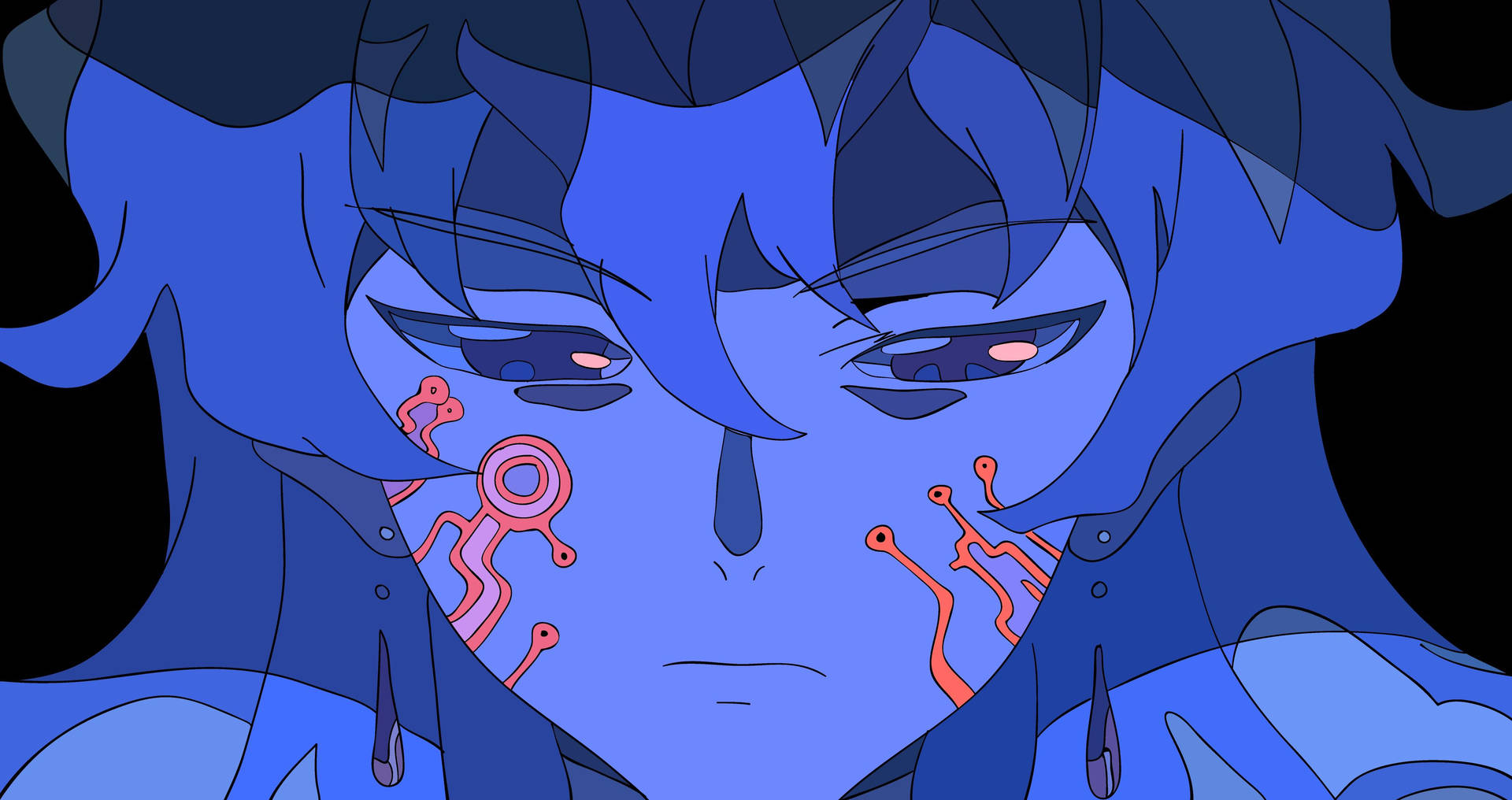 En blå anime karakter med et blåt ansigt Wallpaper
