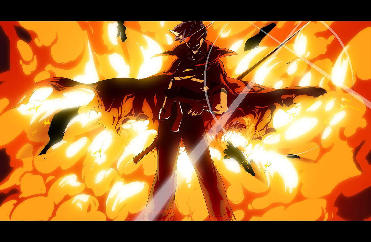 Gurren Lagann Kamina with his iconic cape and sunglasses in an action pose. Wallpaper