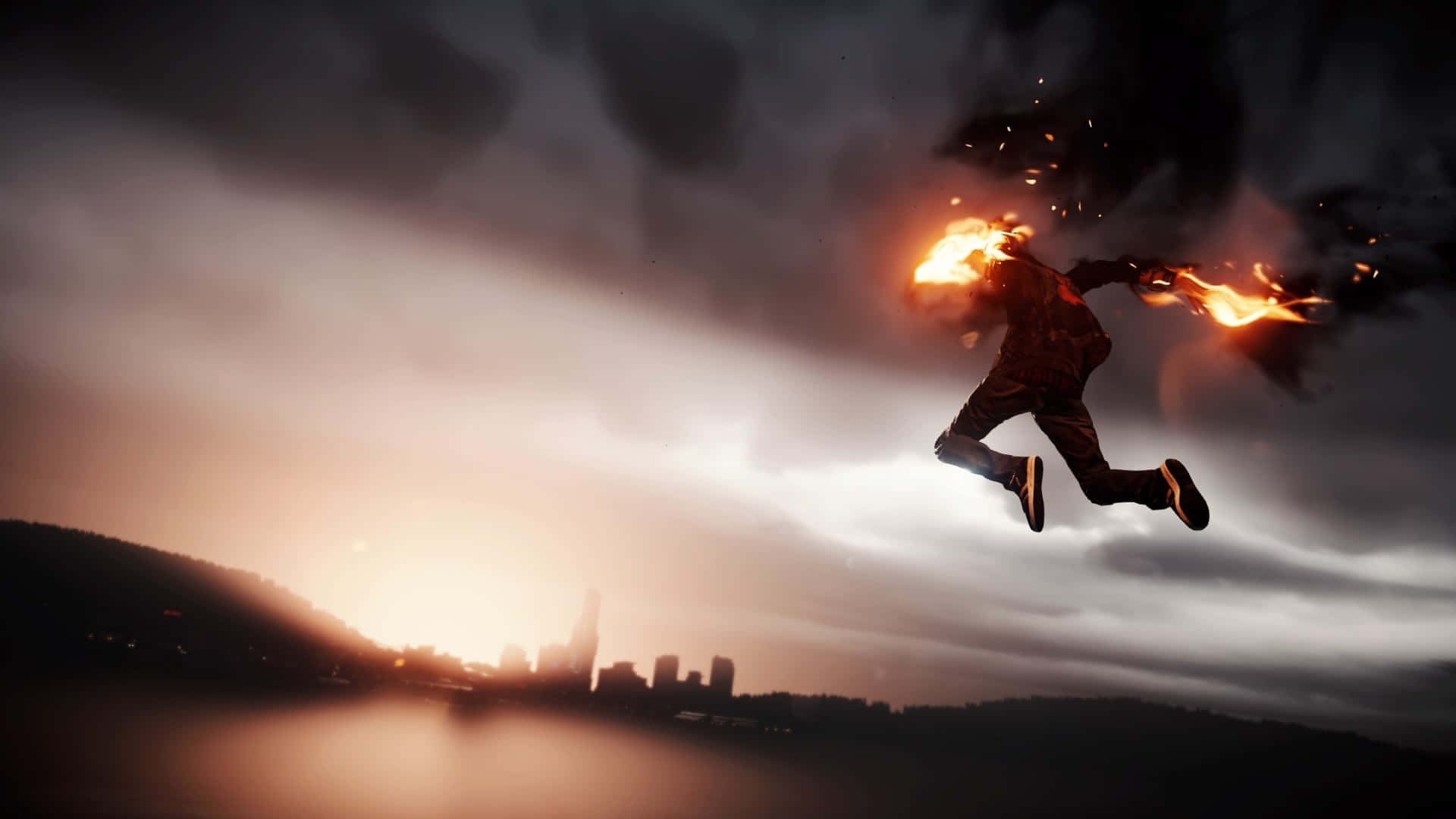 Guy Flying With Fire In Hands In Infamous Wallpaper