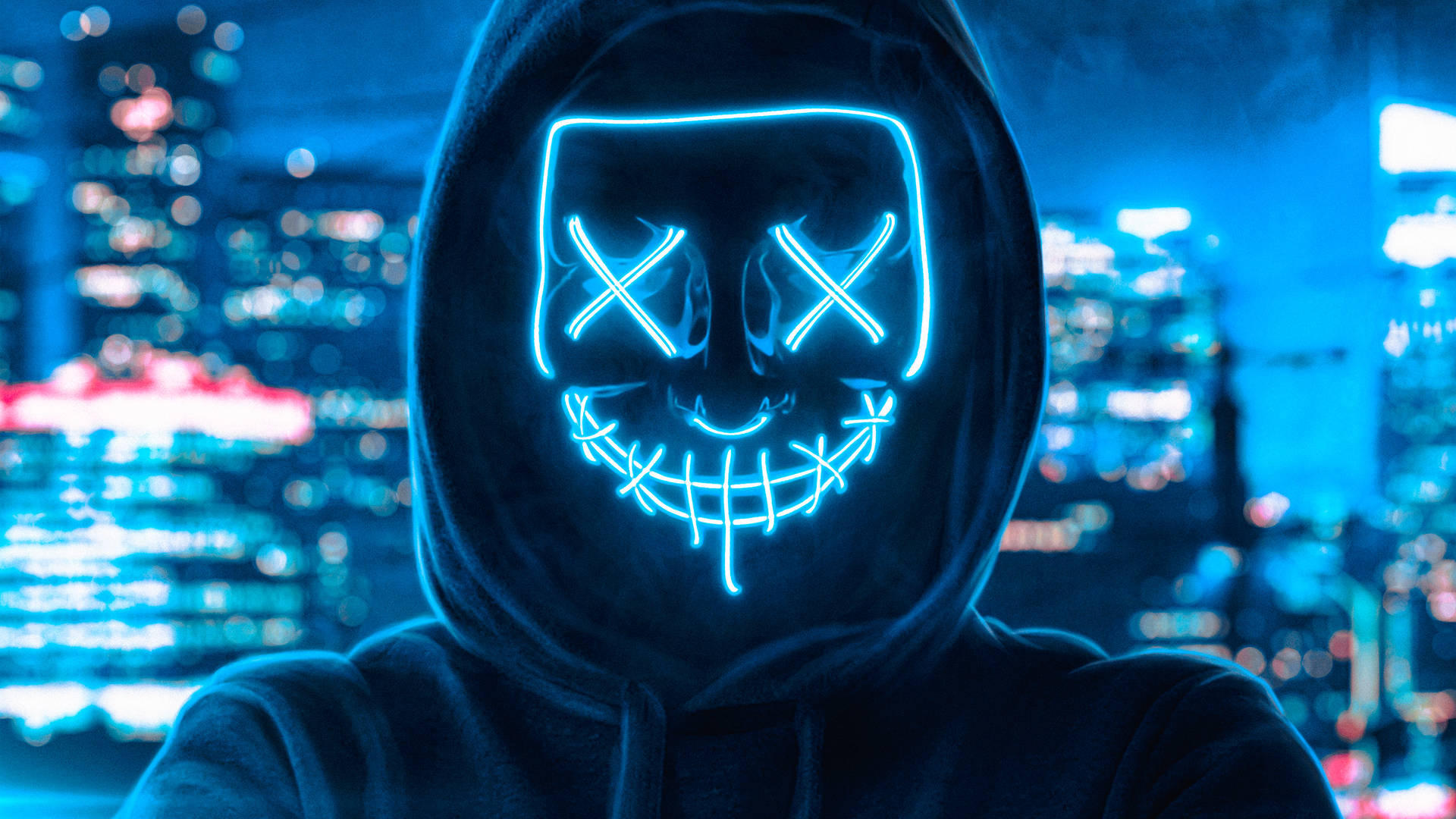 Guy In Neon Blue Light Purge Mask Wallpaper