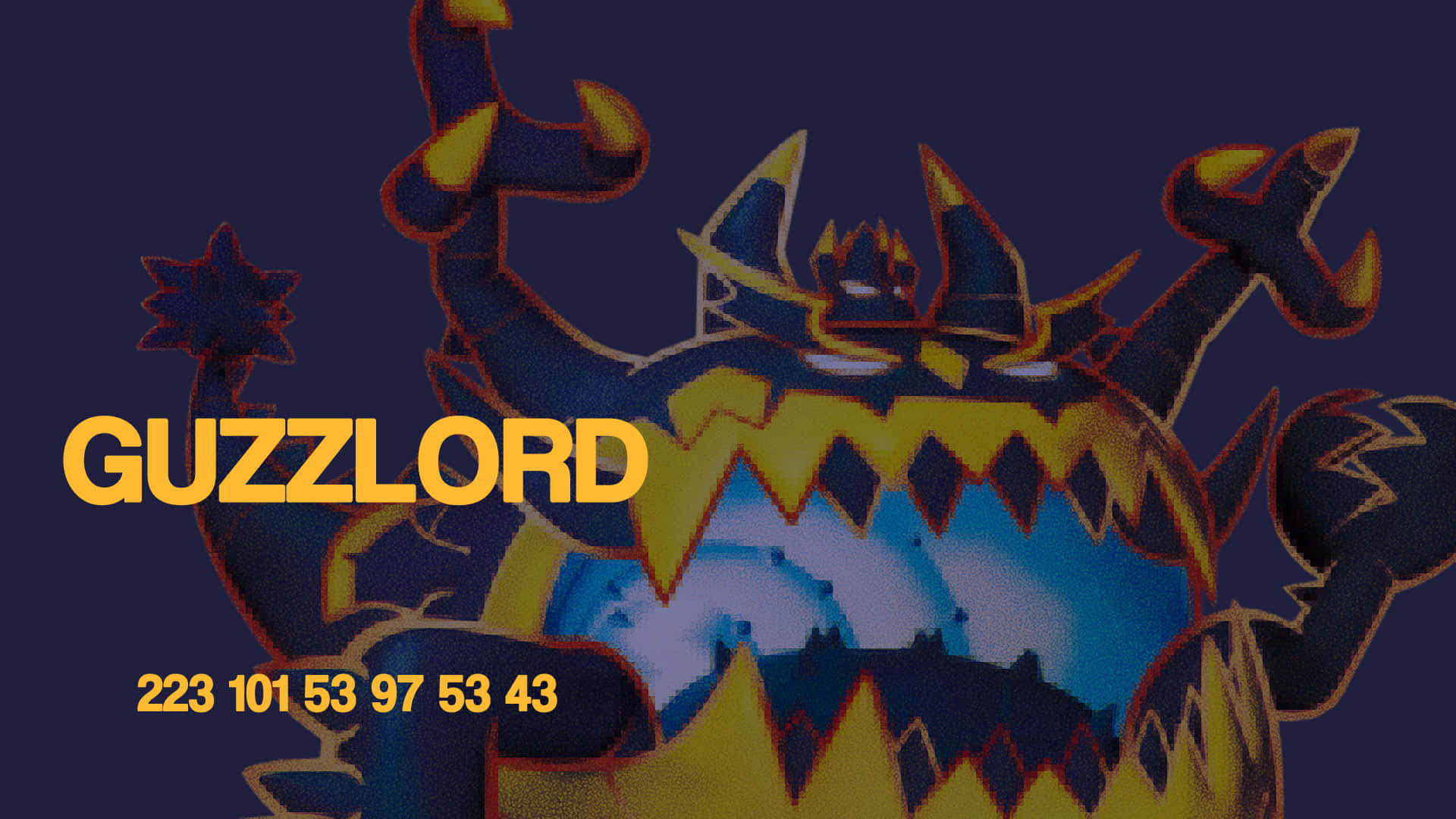 Mighty Guzzlord with its Powerful Stat Numbers Wallpaper