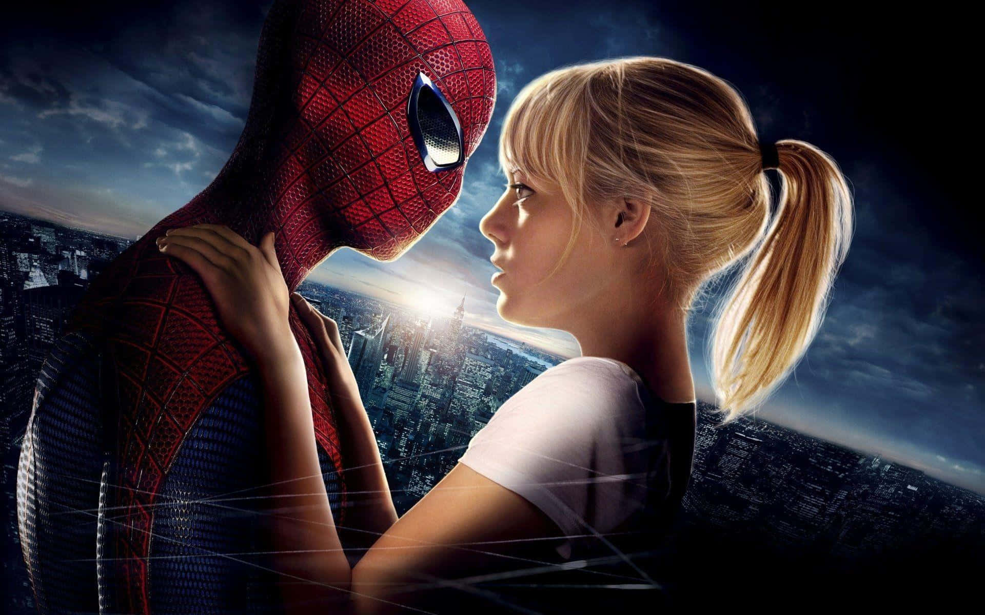Gwen Stacy swinging through the city with a web, wearing her signature Spider-Woman outfit Wallpaper
