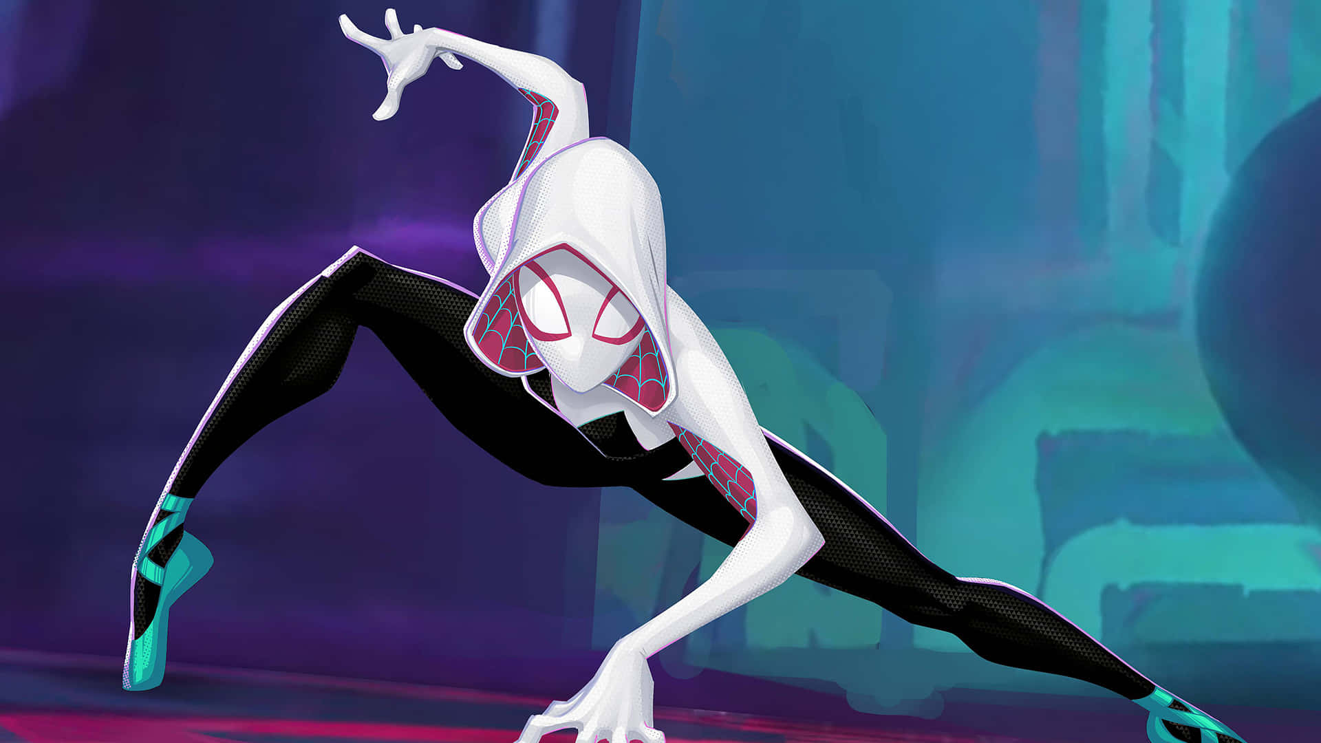 Gwen Stacy in action on the cityscape background Wallpaper