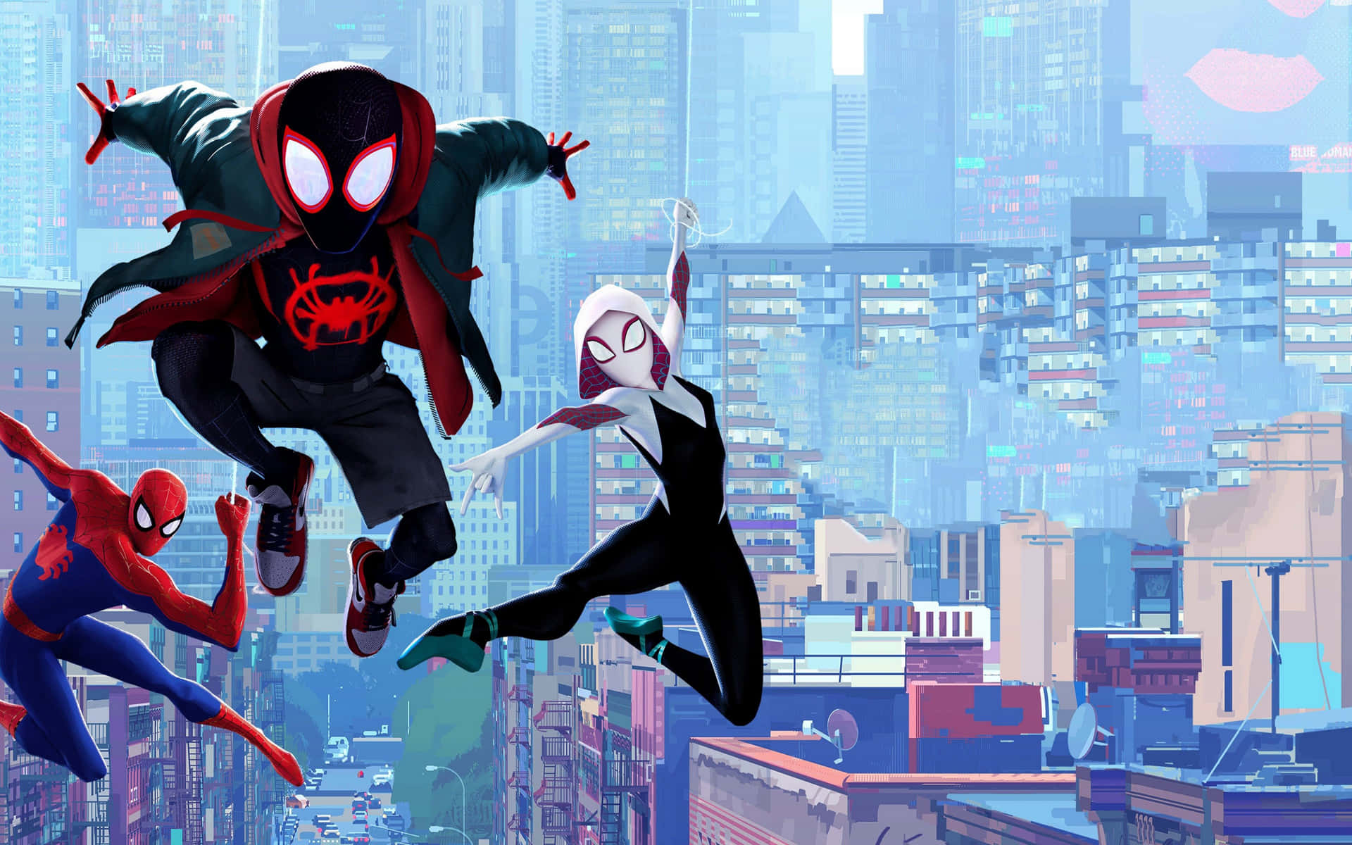Gwen Stacy Swinging Through the City Wallpaper