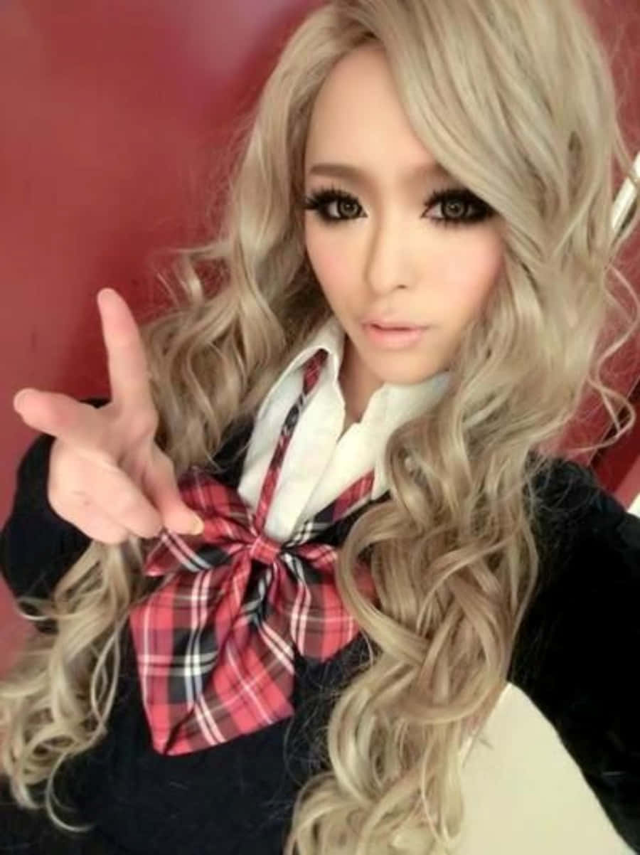 Stylish Gyaru Girl in Trendy Outfit and Makeup Wallpaper