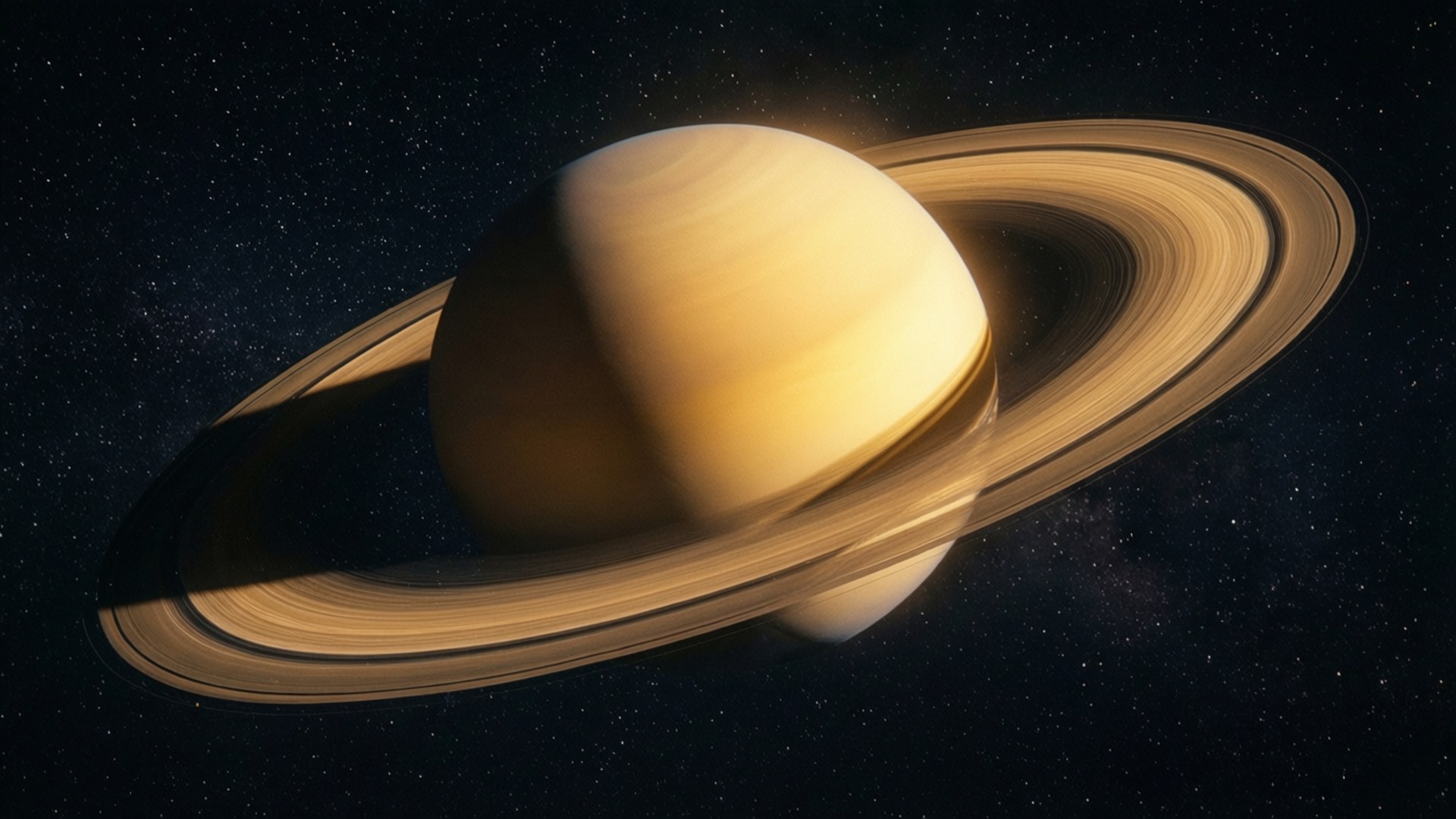 Golden Ringed Planet Wallpaper — A majestic Saturn with golden rings glows against a starry cosmic backdrop in a stunning digital rendering.
