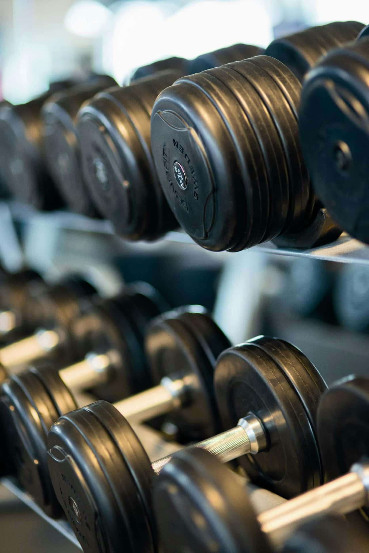 Focus Op Dumbbell Rek In De Sportschool Achtergrond