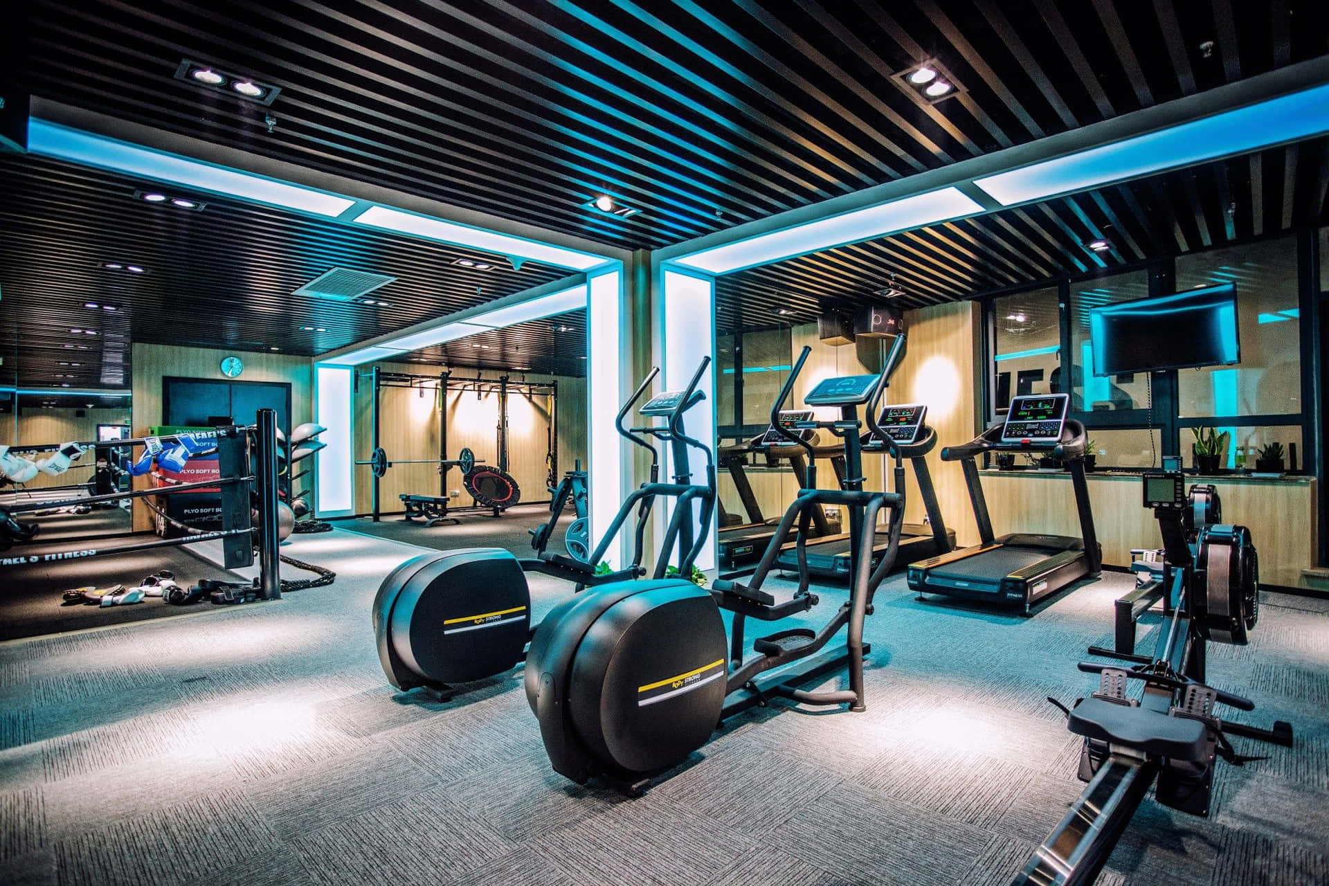 A Gym With A Lot Of Equipment And Lights