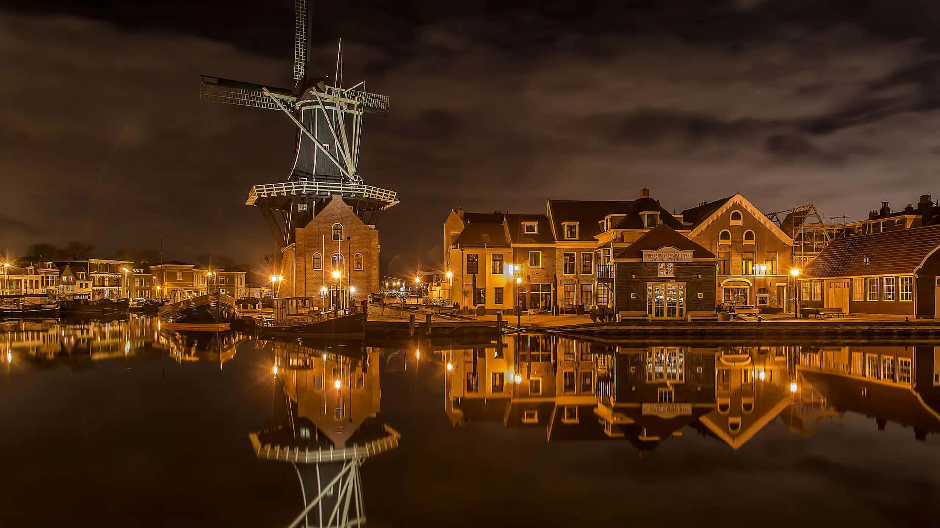 Haarlem Nighttime Windmill Reflection Wallpaper