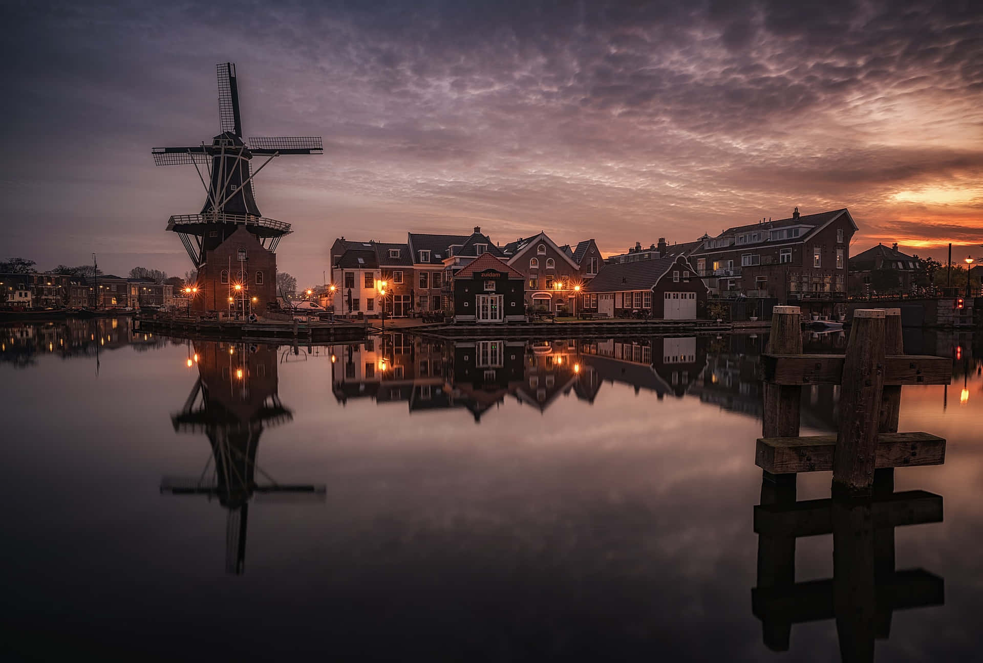 Haarlem Windmill Sunset Reflection Wallpaper