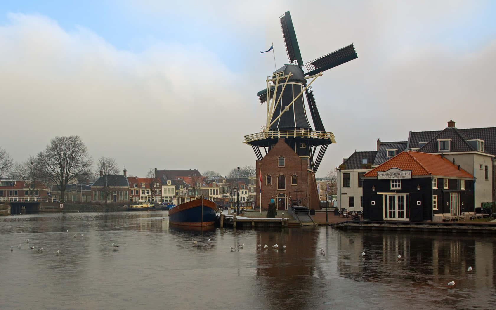 Haarlem Windmillon Frozen River Wallpaper
