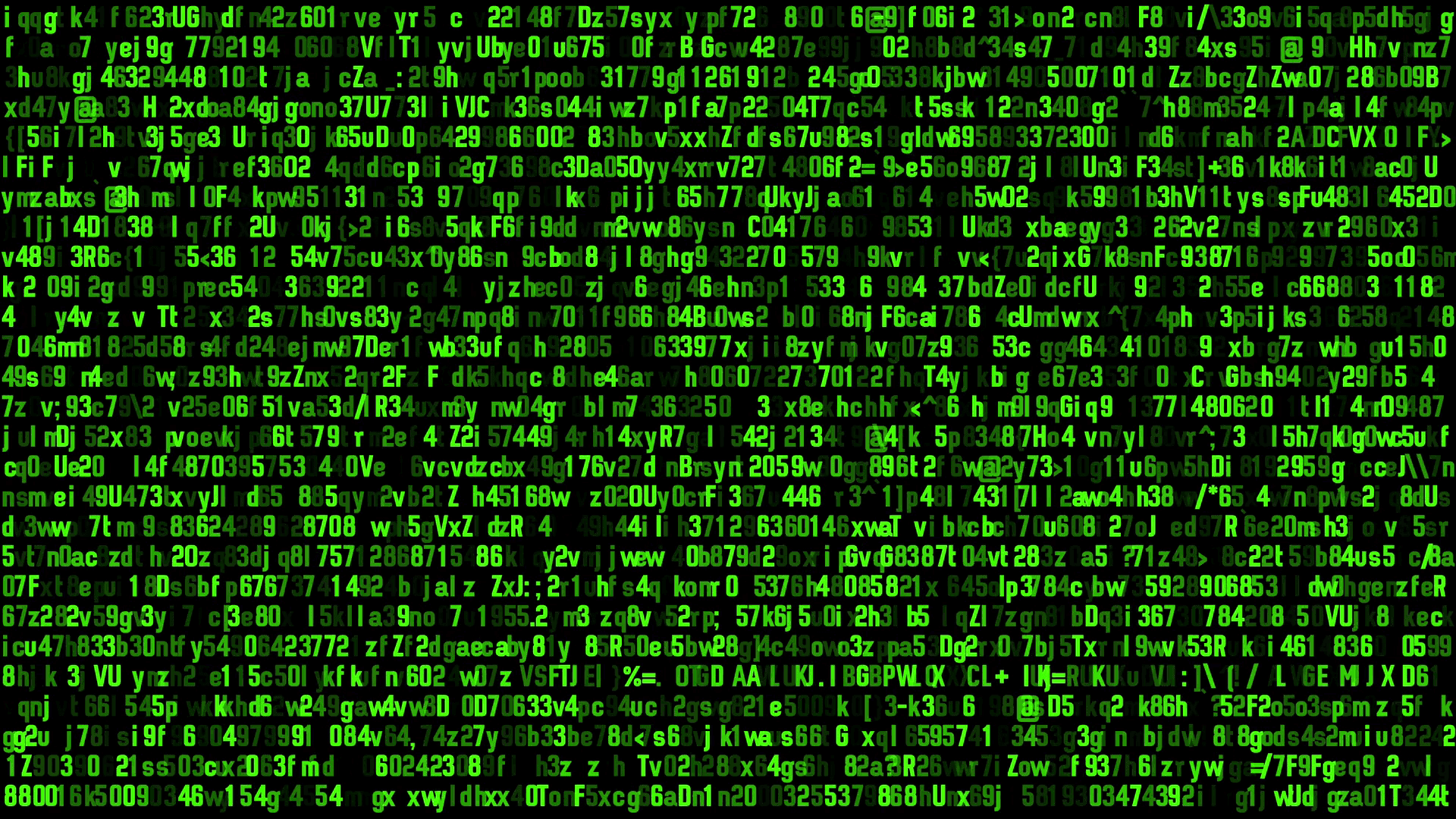 Hacker Background — A dense field of glowing green alphanumeric characters cascading vertically against a dark background.