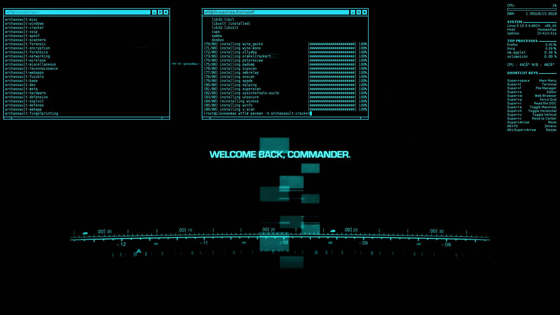 An Untamed Mind Unlocks Unconstrained Potential Wallpaper — A futuristic digital interface with glowing teal text displays system stats and welcome message against a black background.
