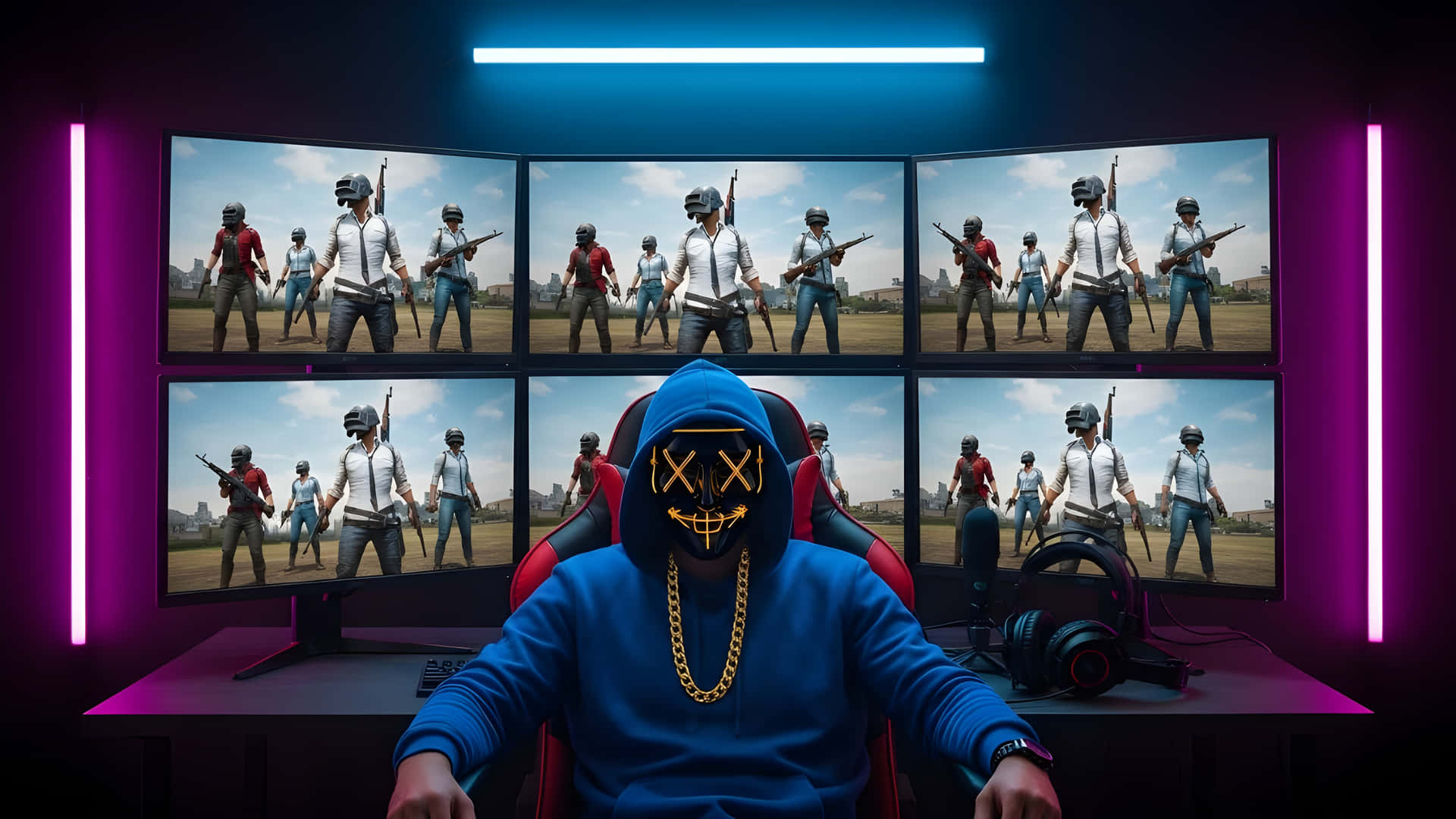 Hacker In Anonymous Mask Plays Video Games On Multiple Screens Wallpaper