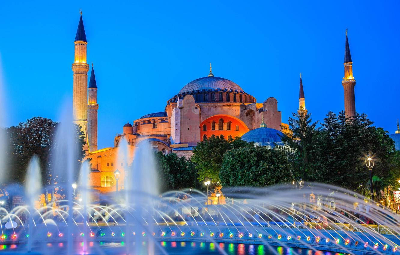 Hagia Sophia Spires And Fountain Background