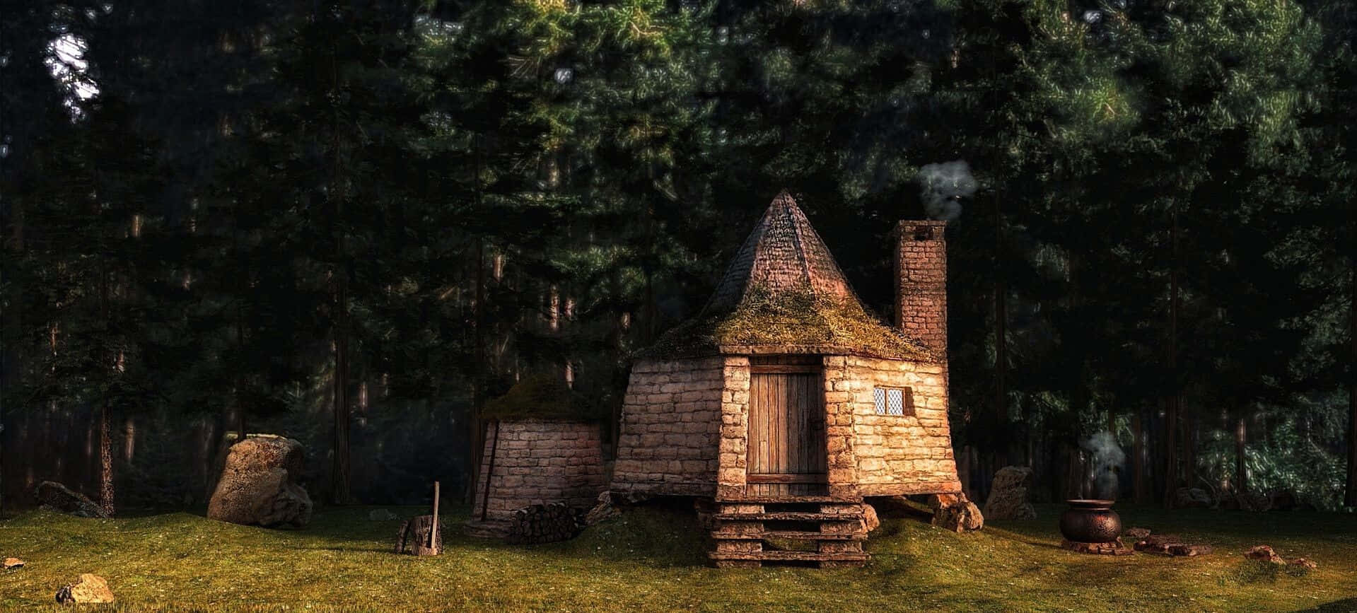 Magical Hut in the Enchanted Forest Wallpaper