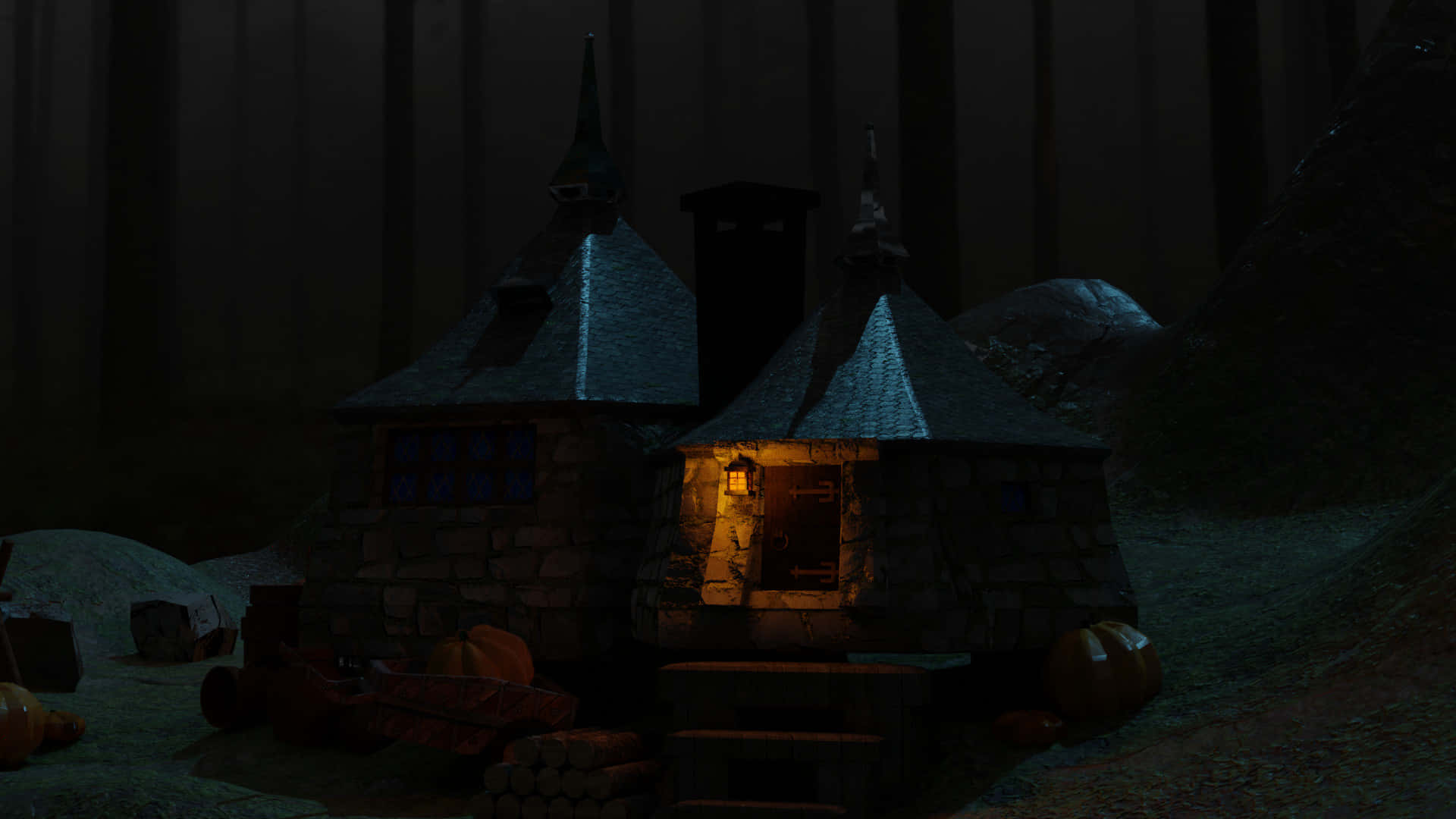 Magical Hagrid's Hut at Night in the Wizarding World of Harry Potter Wallpaper