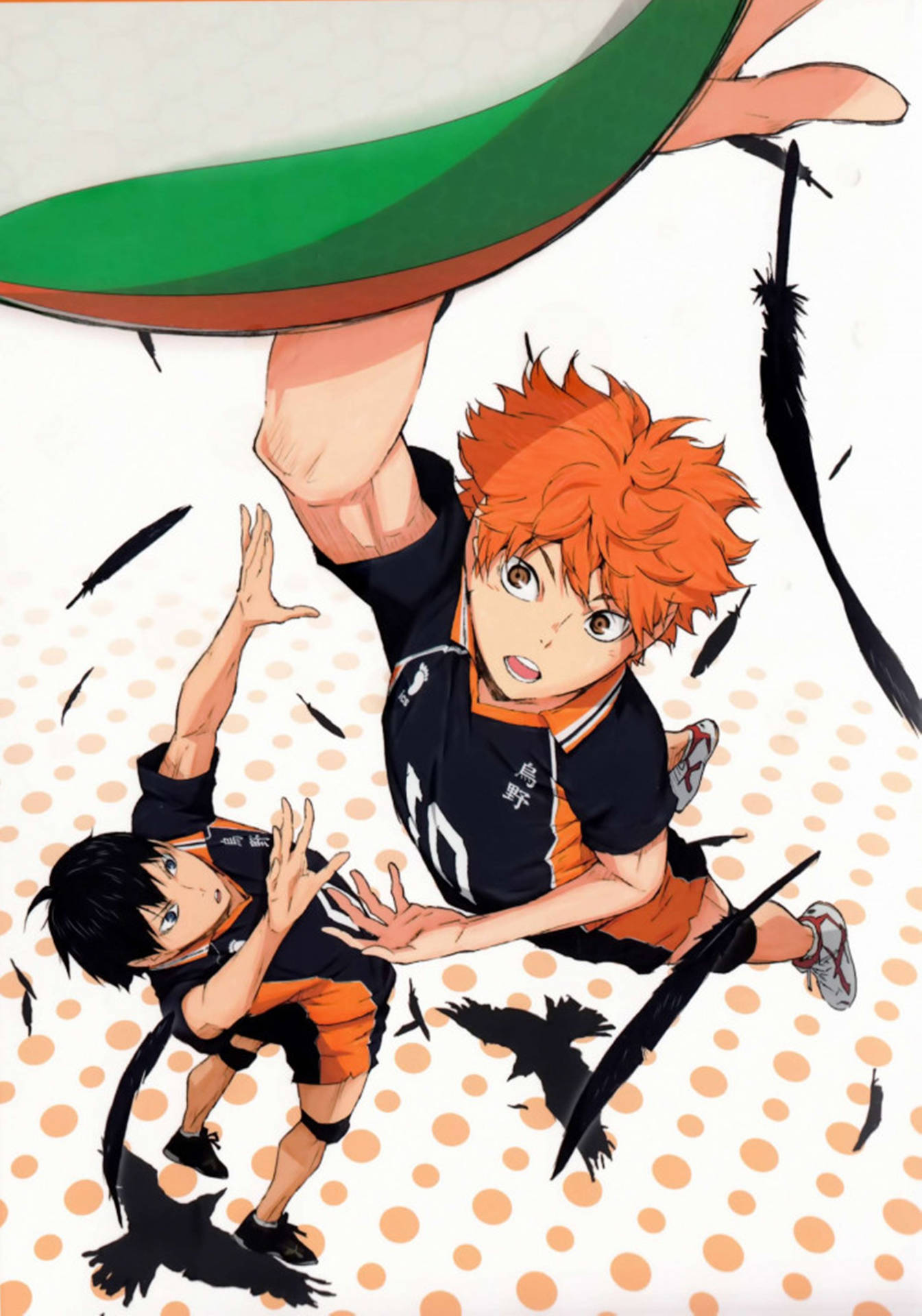 Haikyuu hinata, jumping to spike, position, full body, bird feather around,  bird in background, anime, fanart, non-realistic