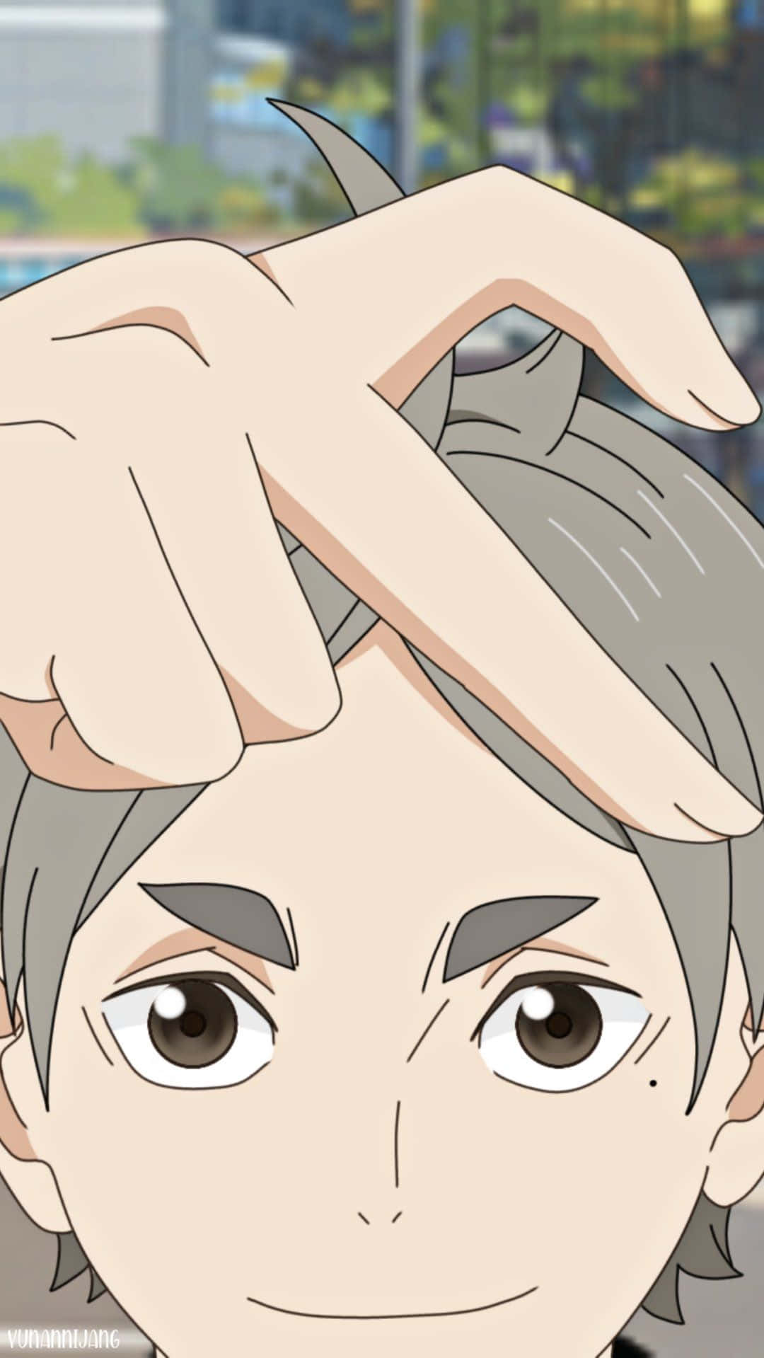 Haikyuu Character Smiling With Hand On Head Wallpaper