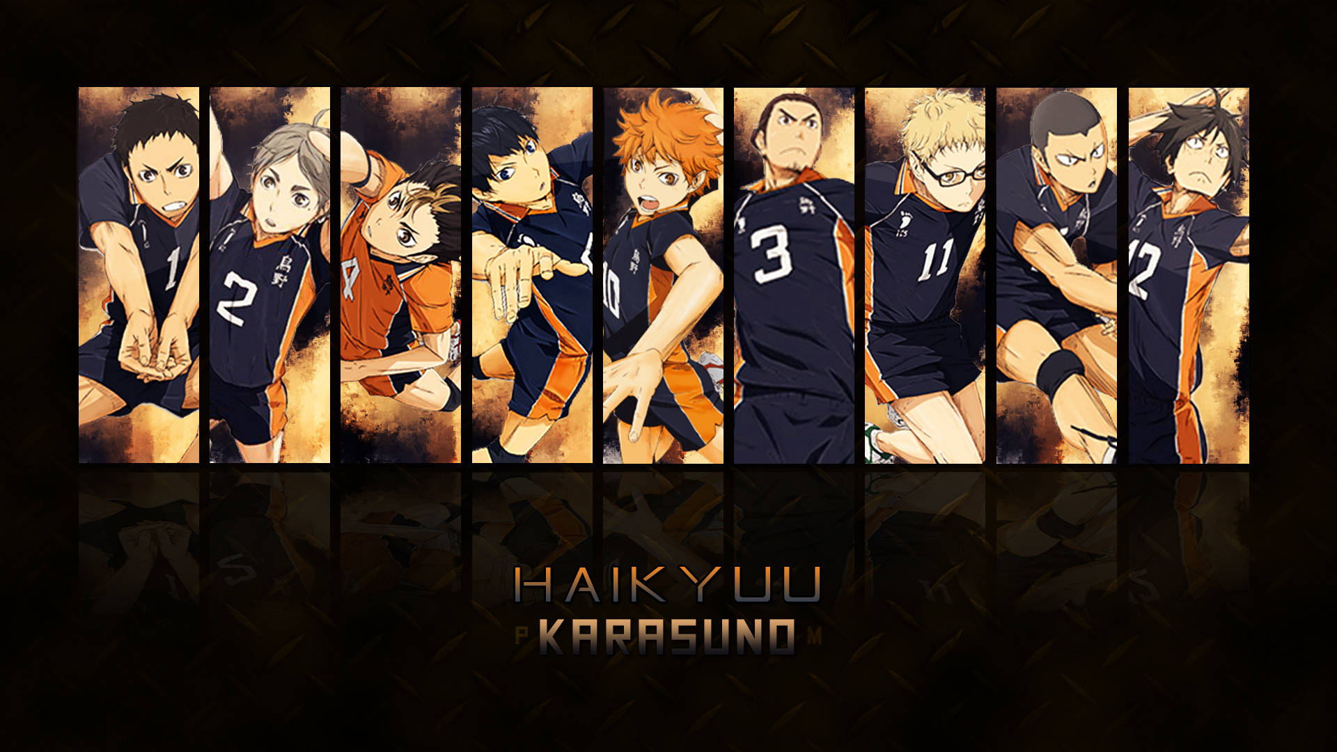 Haikyuu Karasuno Team Poster Tapet: Dette tapet viser Haikyuu Karasuno-holdet i deres særlige kamptøj. Wallpaper