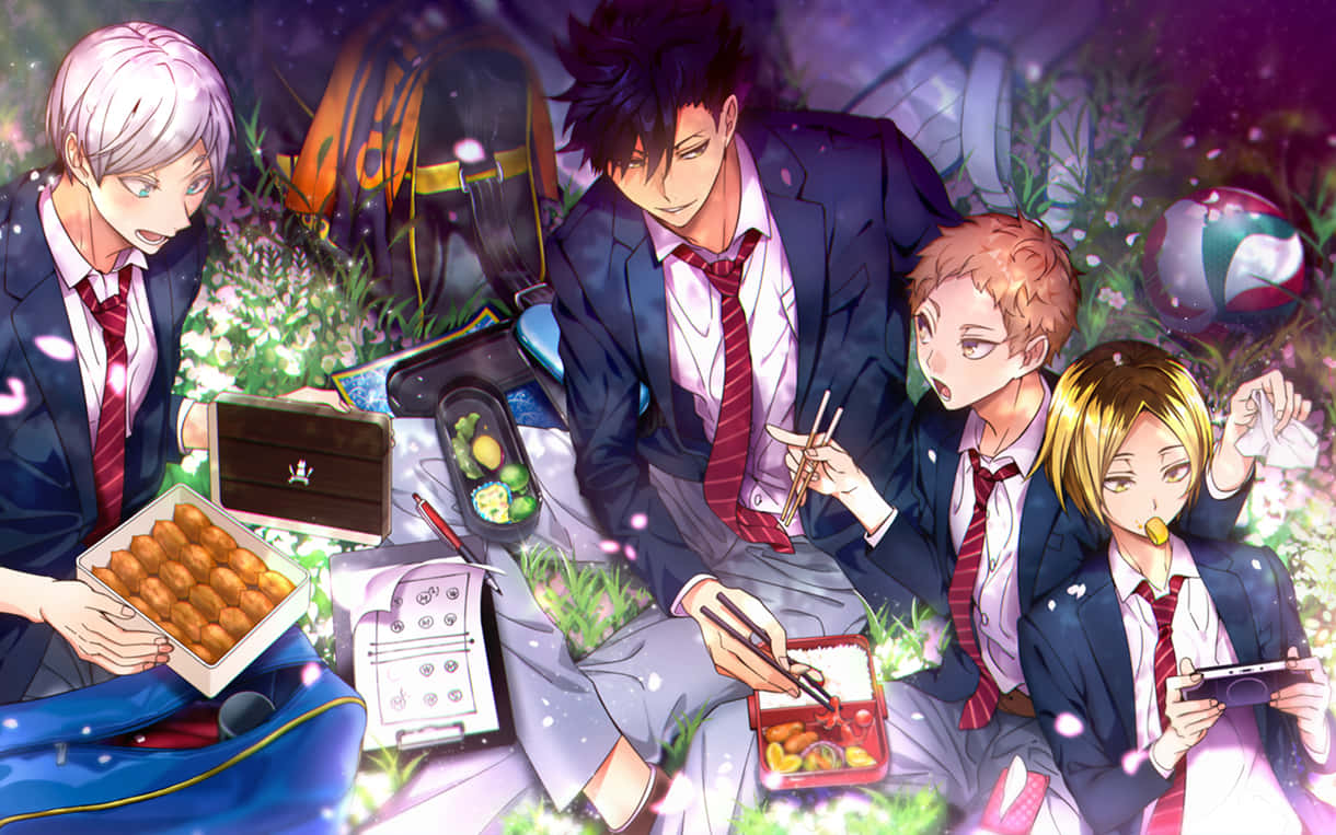 Einegruppe Von Anime-charakteren Sitzt Im Gras. Wallpaper