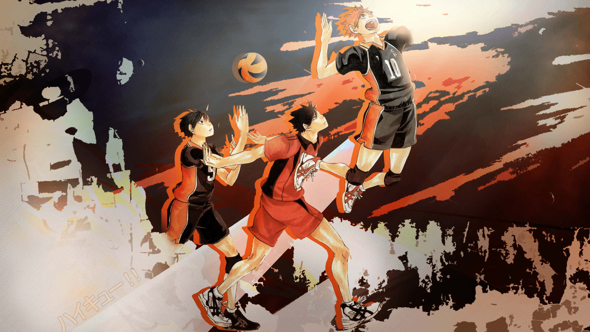 En gruppe mennesker der spiller basketball i et maleri Wallpaper