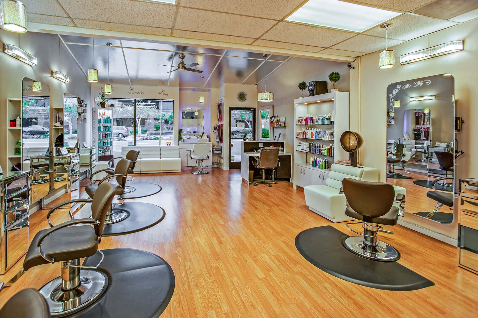 Modern Hair Salon Interior featured with Hairdressing Chairs, Hair Styling Tools, and Mirrors