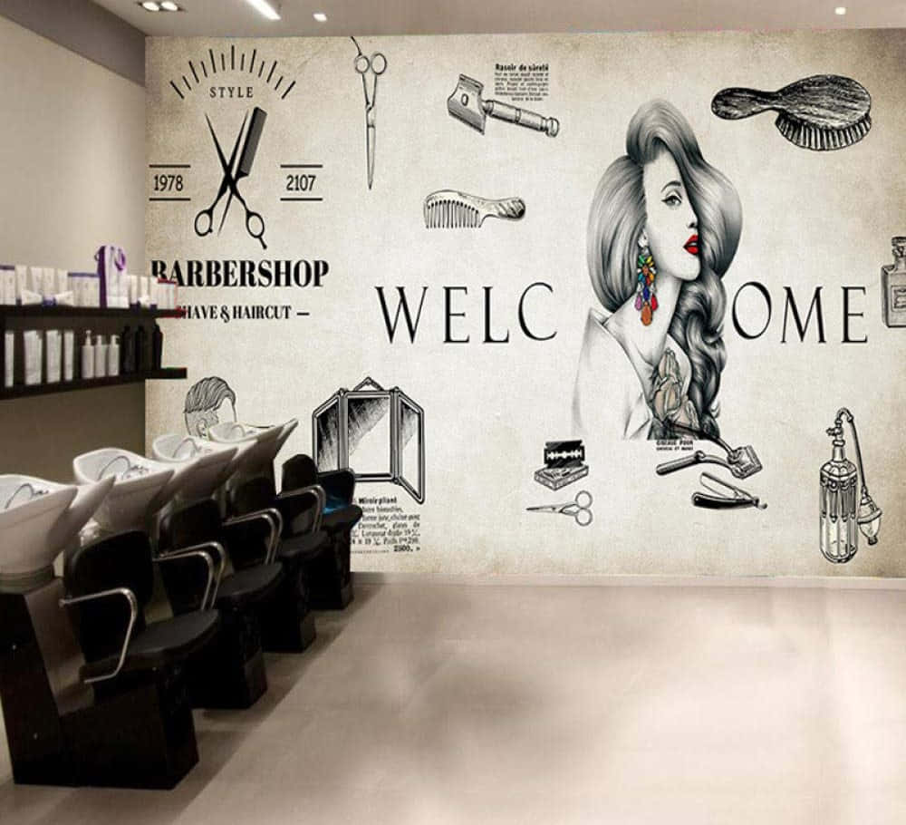 A Barber Shop With A Welcome Sign And A Woman