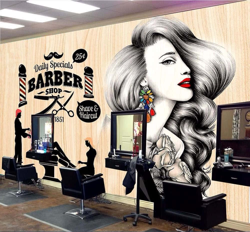 A Barber Shop With A Woman And A Chair