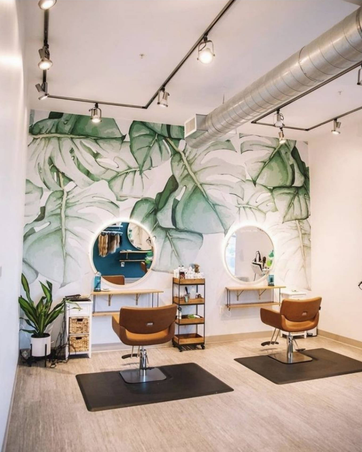 Hair Salon Interior Aesthetic Leaves Wallpaper