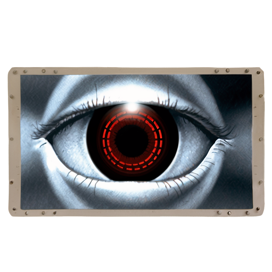 hal 9000 a PNG — A hyperrealistic human eye with glowing red digital rings in the iris framed by a riveted metal panel.