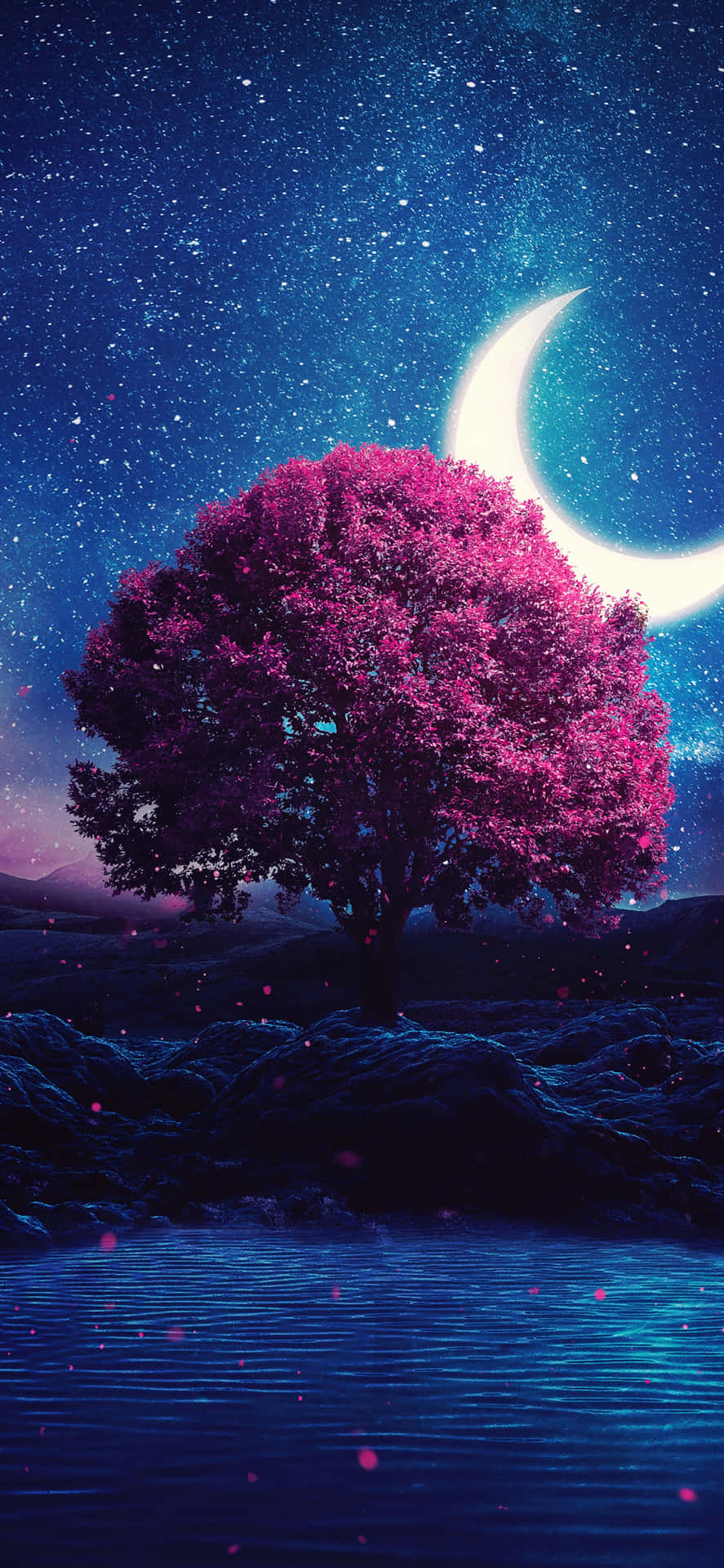 A Tree With A Crescent And Stars In The Sky Wallpaper