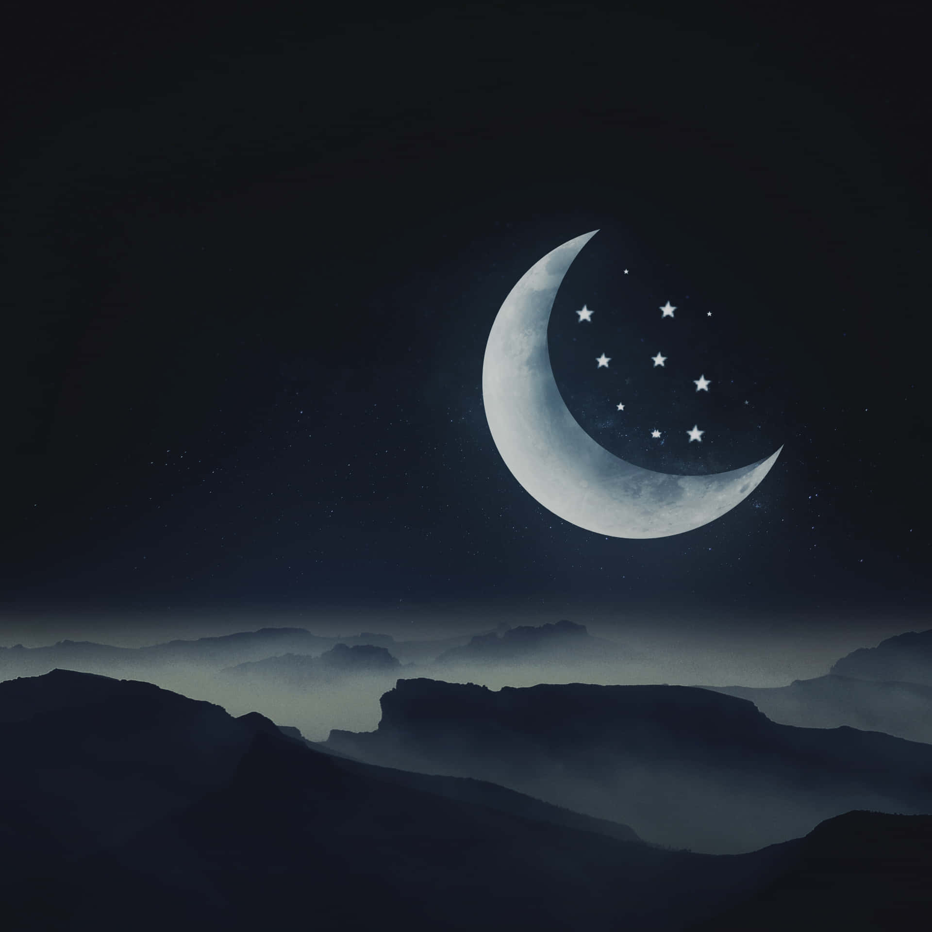 A Crescent And Stars In The Night Sky Wallpaper