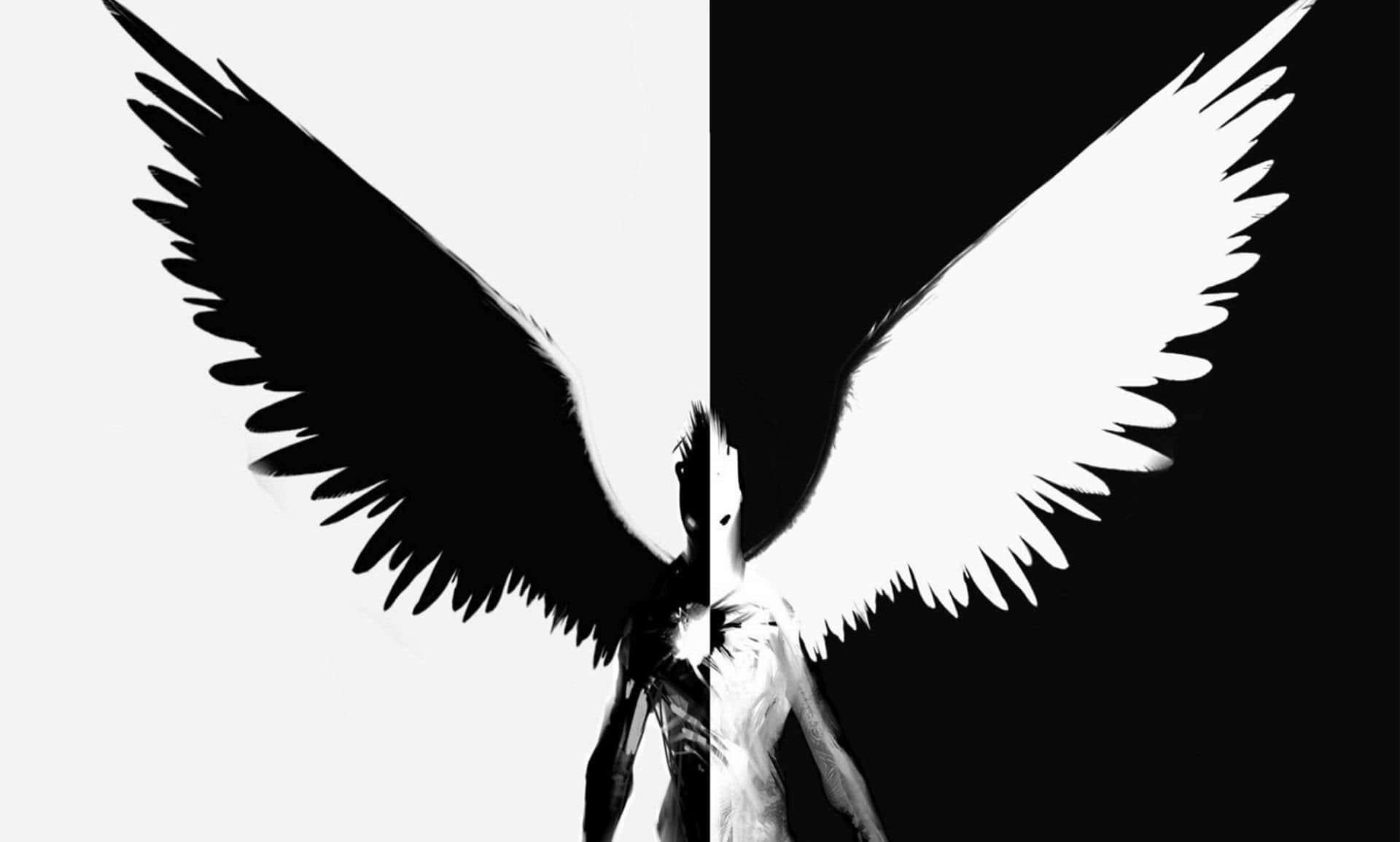Einschwarz-weißes Bild Von Einem Engel Mit Flügeln. Wallpaper