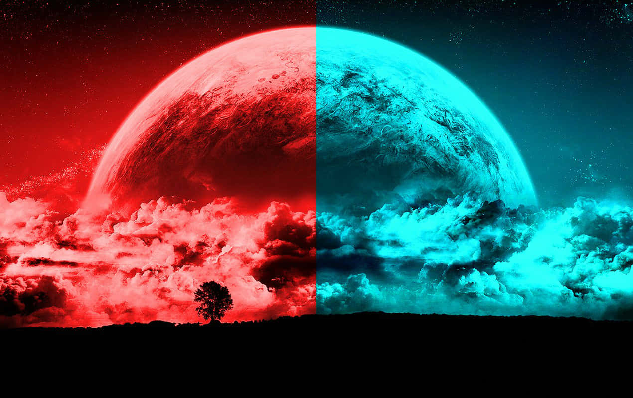 A Red And Blue Planet With A Tree In The Background Wallpaper