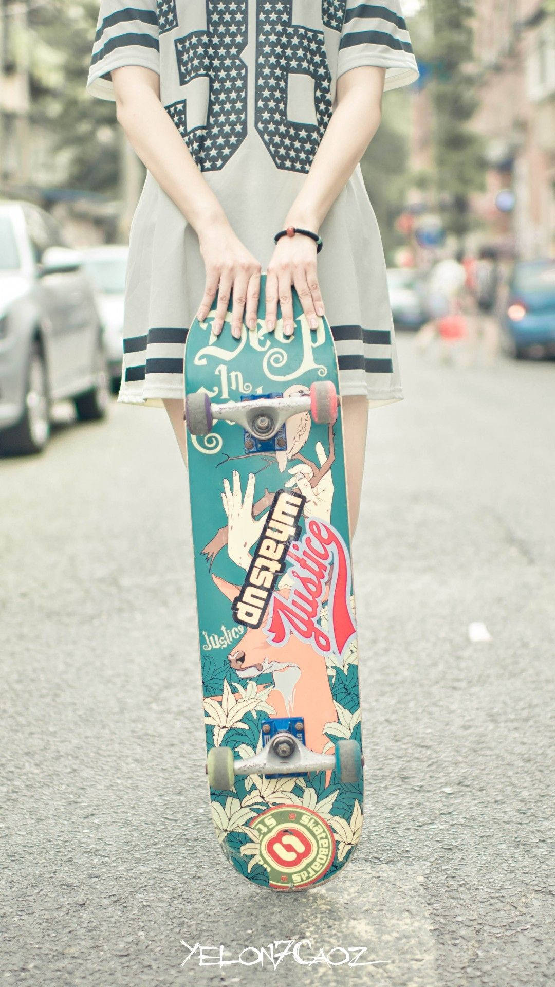 Half Body Of Girl With Skateboard Iphone Background